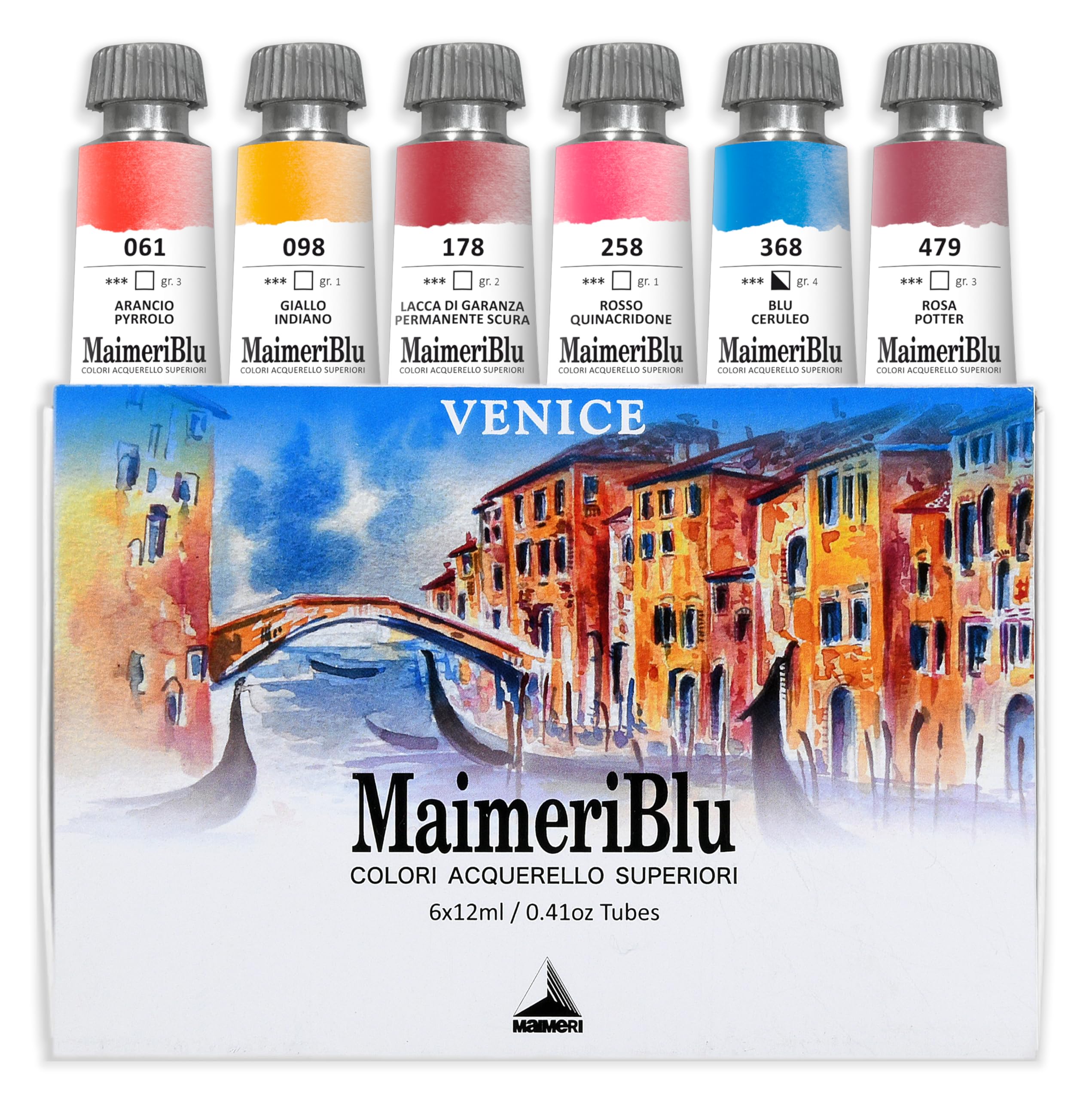 Maimeri BLU, Acuarelas de Bellas Artes, Set Venecia, Caja de cartón, Colores Surtidos, 6 Unidades 12ml, Multicolor, 12 ml