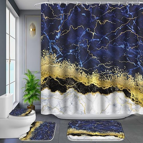 Miniatura 8 de Poedist Juego de 4 cortinas de ducha de baño con borde negro y dorado, juego de baño con cortina de ducha y alfombras (tapete de baño, forma de U y