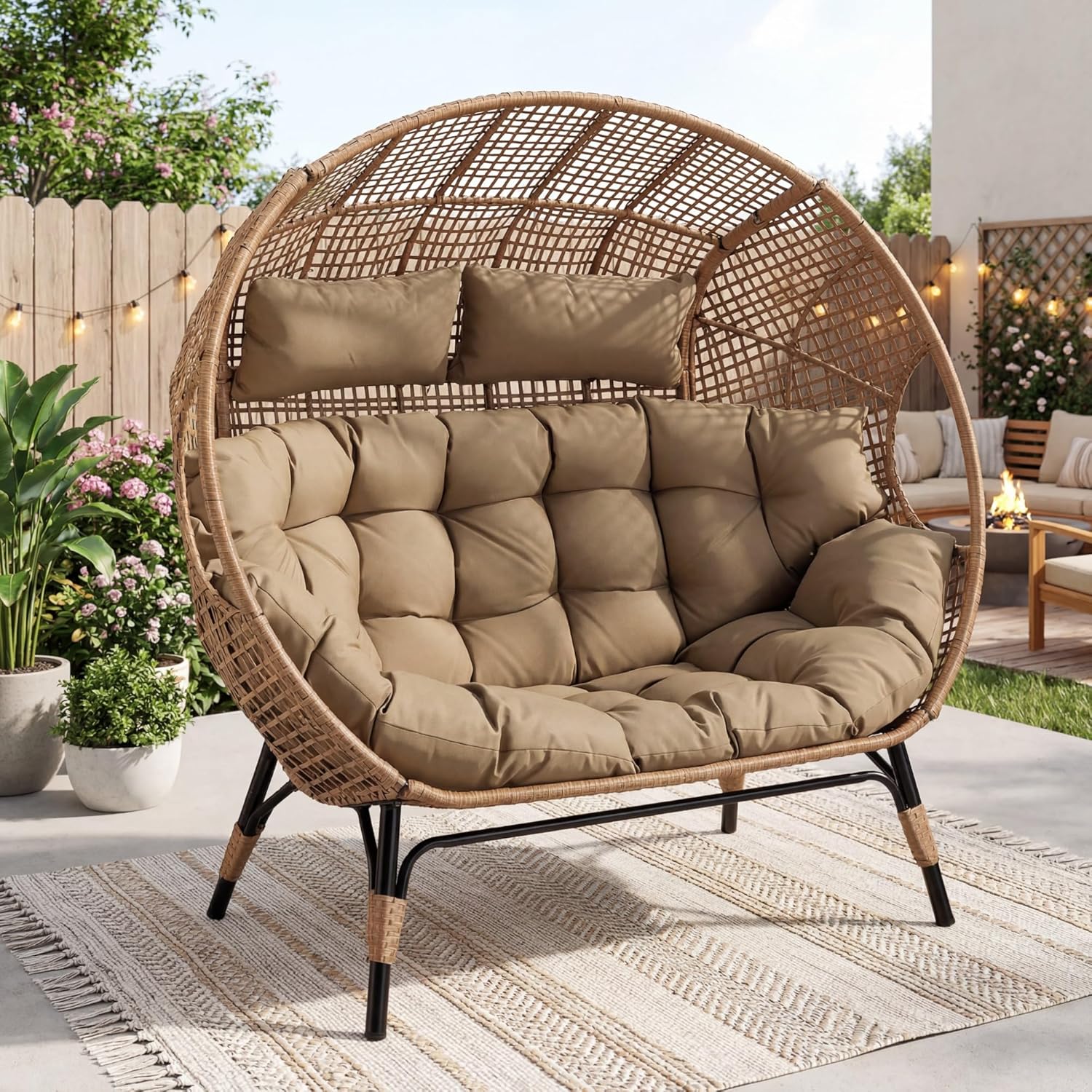 FINCATI Indoor Outdoor Double Egg Chair, 2 Person Oversized Wicker Rattan Stationary Lounge Chair with Legs, Loveseat Boho Egg Basket Chairs for Patio Garden Backyard Living Room Brown