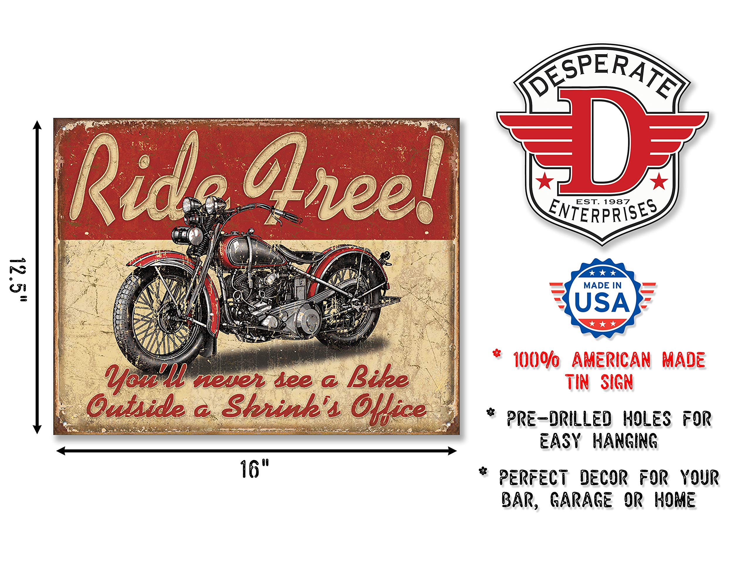 Desperate Enterprises Ride Free Motor Bike Targa in Metallo USA Gross NEU 40 x 31 cm s2452
