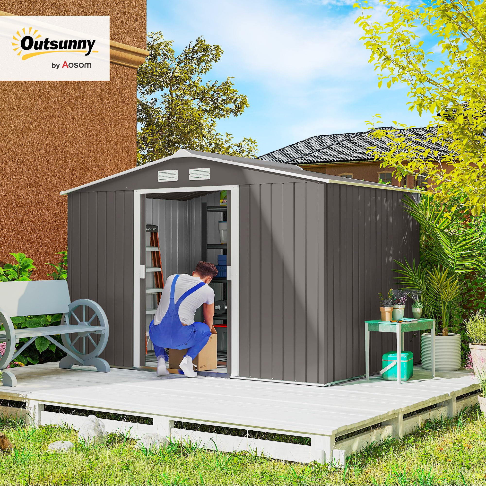 Outsunny Caseta de Jardín Exterior, 5 m² 277x195x192 cm, Cobertizo de Jardín Exterior Metálico con 2 Puertas Correderas, Base Refuerzo (Suelo NO Incluido) y 4 Ventanas, Gris — view 2