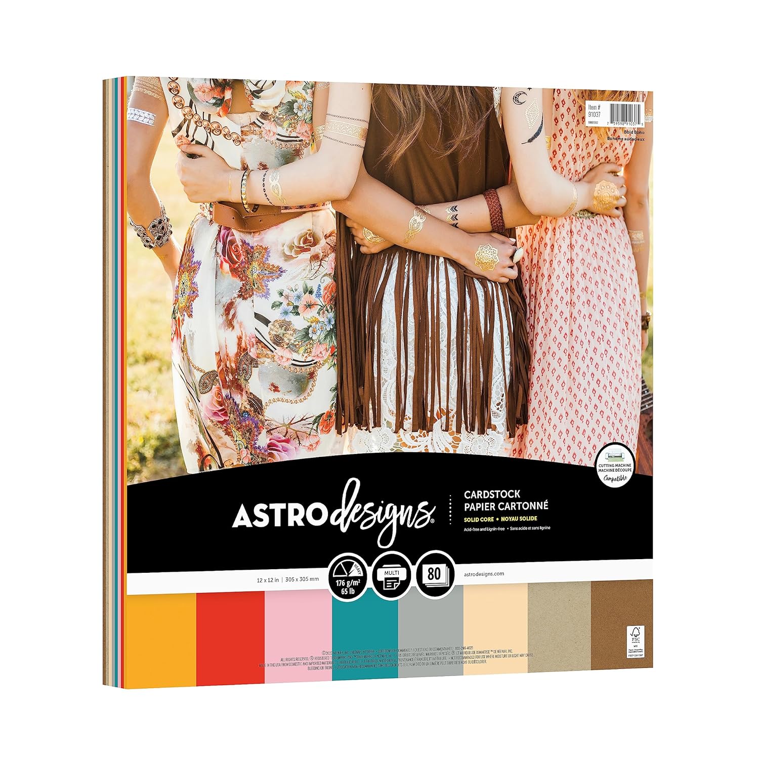 Astrodesigns Cartulina para manualidades, 12 x 12 pulgadas, 65 lb176 gsm, surtido de 8 colores BOHO, 80 hojas (91037)