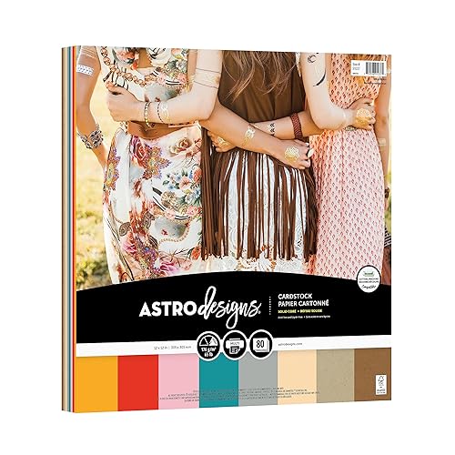 Astrodesigns Cartulina para manualidades, 12 x 12 pulgadas, 65 lb176 gsm, surtido de 8 colores BOHO, 80 hojas (91037)