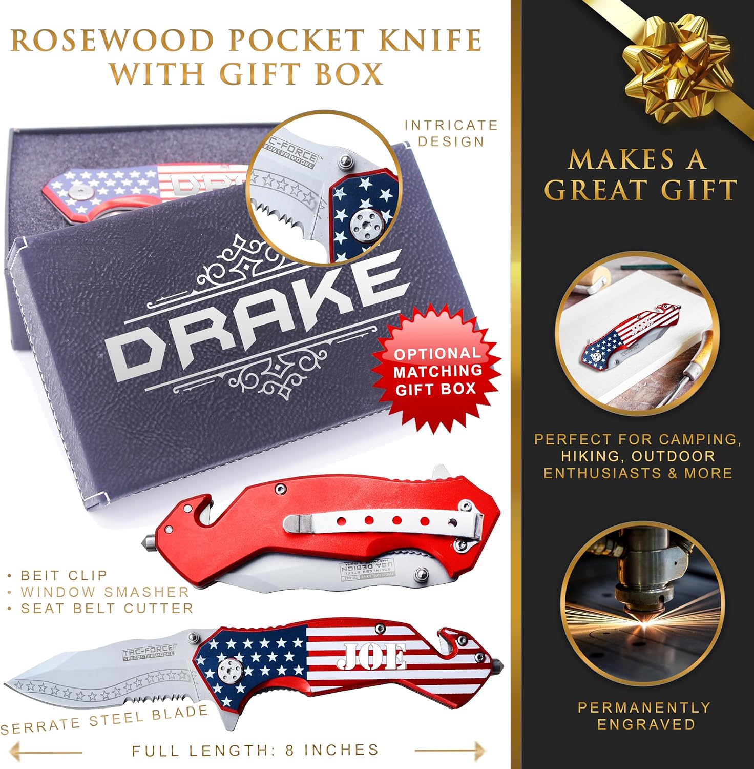 My Personal Memories Engraved Handle Rescue Pocket Knife - Personalized Folding Knife - Father's Day Groomsmen Gifts - USA Knife