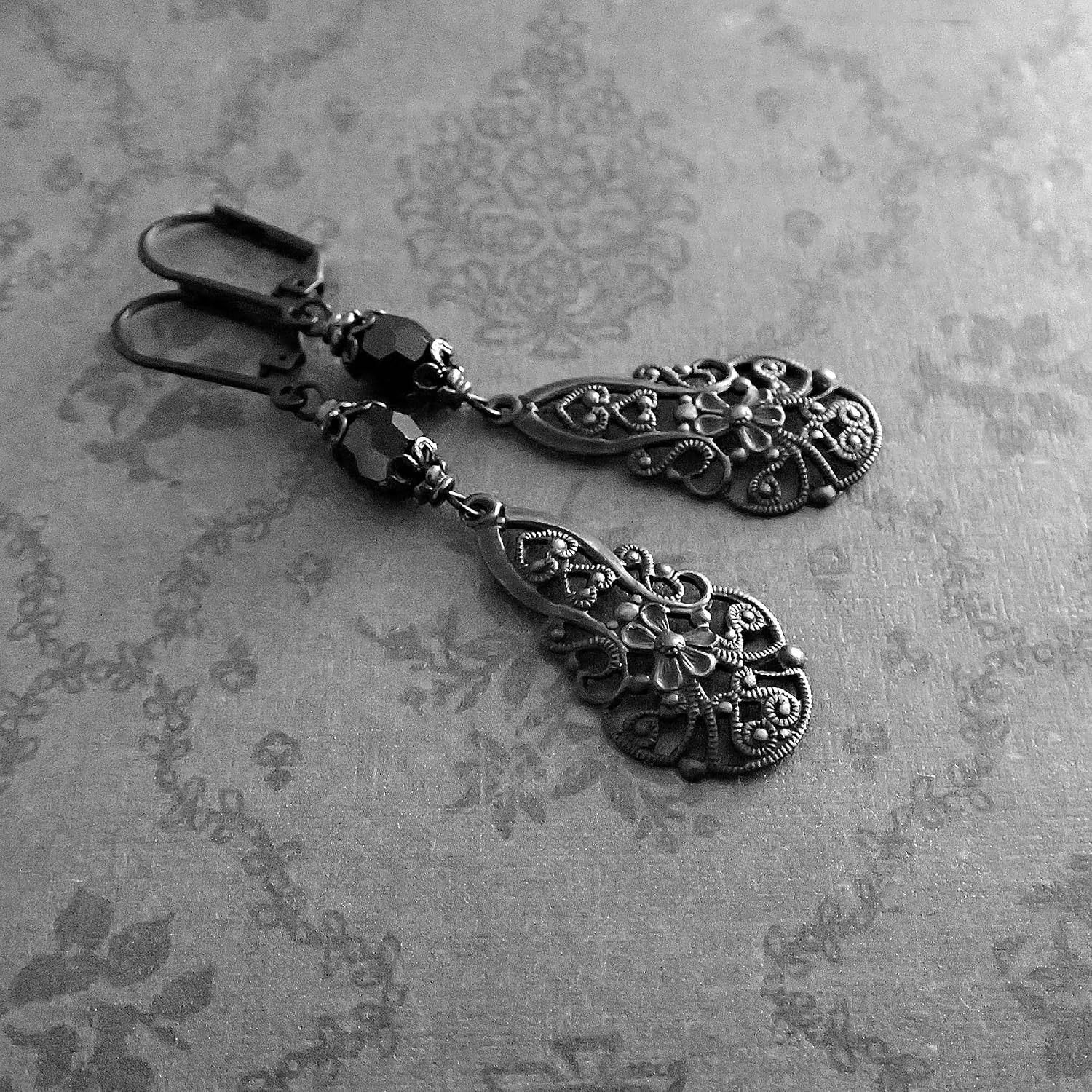 Victorian Gothic Style Handmade Earrings with Black Metal and Crystal Beads