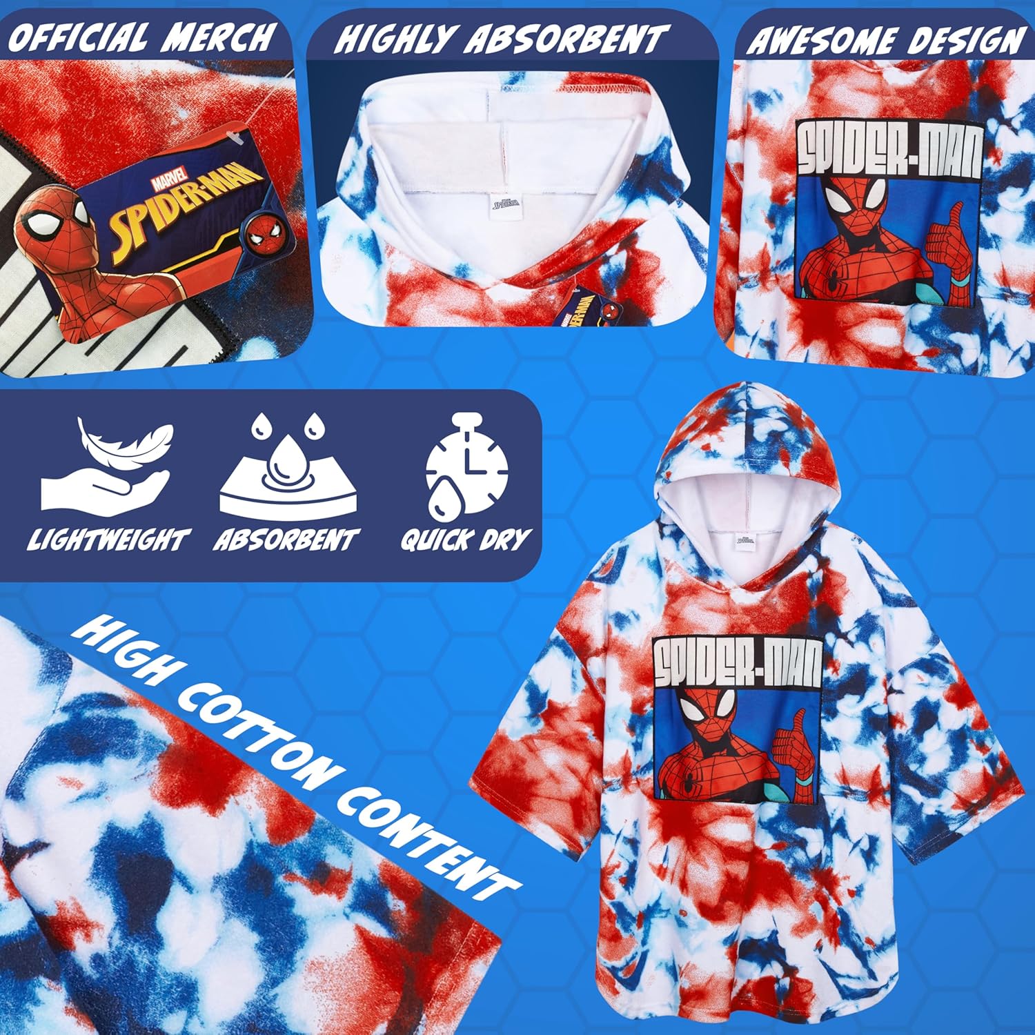 Marvel Spiderman Kids Changing Robe, Hooded Towel Poncho Boys Girls, Avengers Wearable Towel for Swim Surf, Gifts for Kids (Multi Spiderman, 6-9 Years)