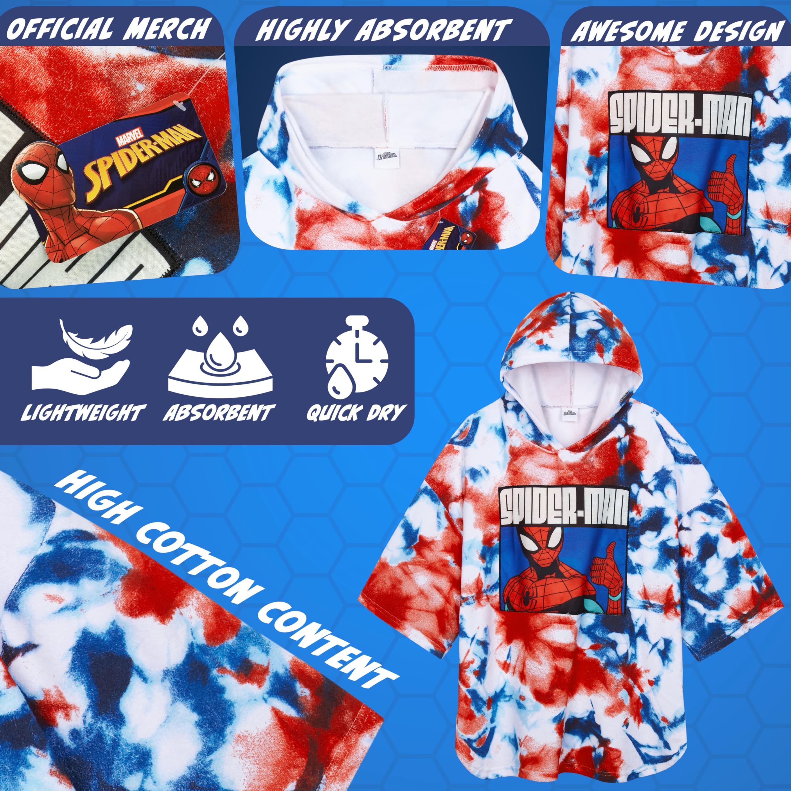 Marvel Spiderman Bath Towel with Hood for Kids Teenagers Absorbent Changing Robe Poncho Towel for Swimming Bath Shower Beach Towel Holiday Essentials (Multi Spiderman - Image 4