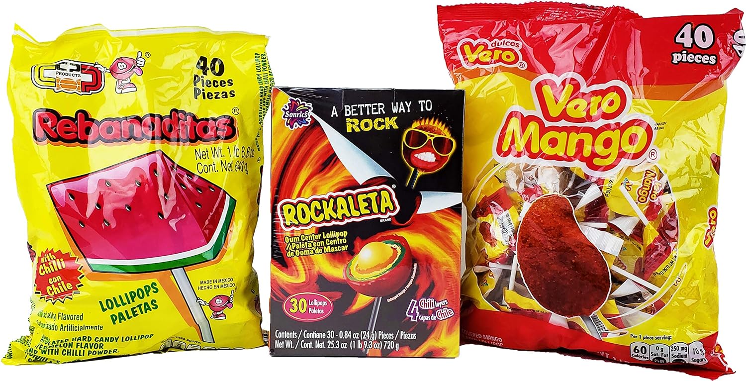Spicy Mexican Candy Kit Variety Including Rebanaditas Risandias Watermelon + Rockaleta Paleta + Vero Mango Spicy Sour Lolipop - 3 Pack, 110 pieces total