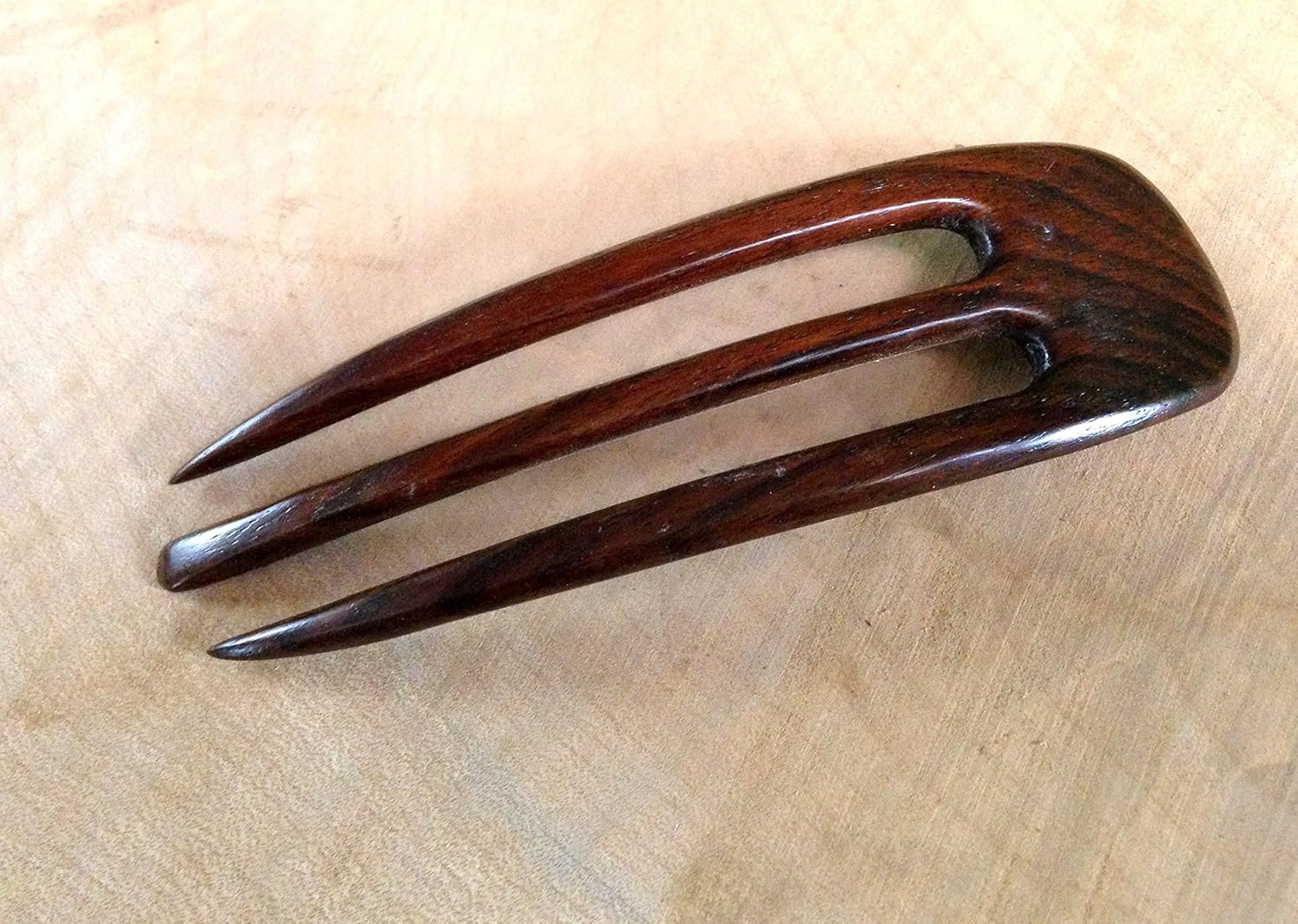 JWL (1) Rosewood Three Prong Curved 4.5 Inch Hair Stick Pick Pic Pin Fork - Hawaiian Style