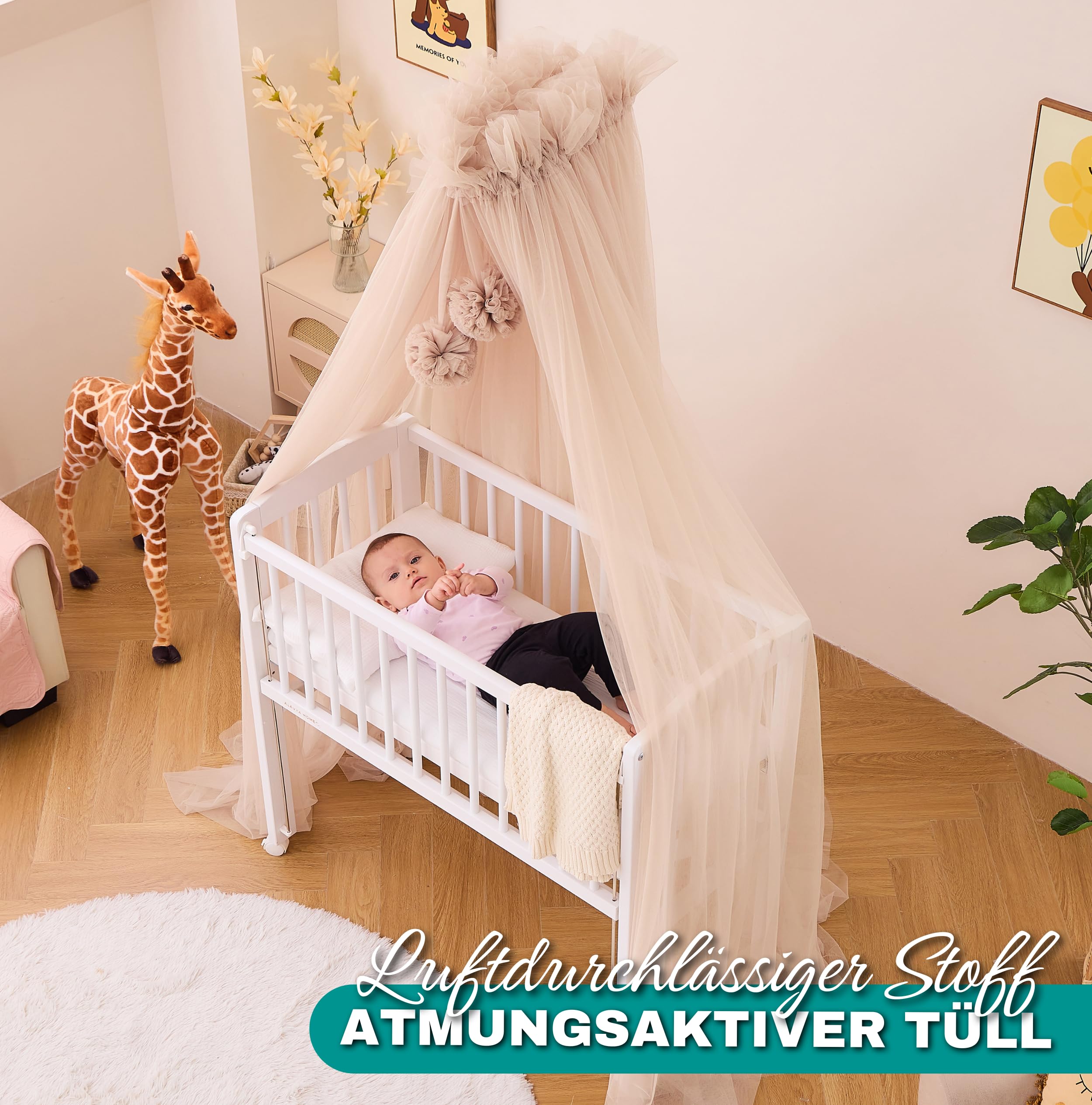 ALAVYA HOME Baldacchino in tulle, lunghezza 120 cm, per culla e culla, zanzariera con 2 pompon e baldacchino, decorazione per la cameretta dei bambini, protegge e incanta il vostro bambino durante il