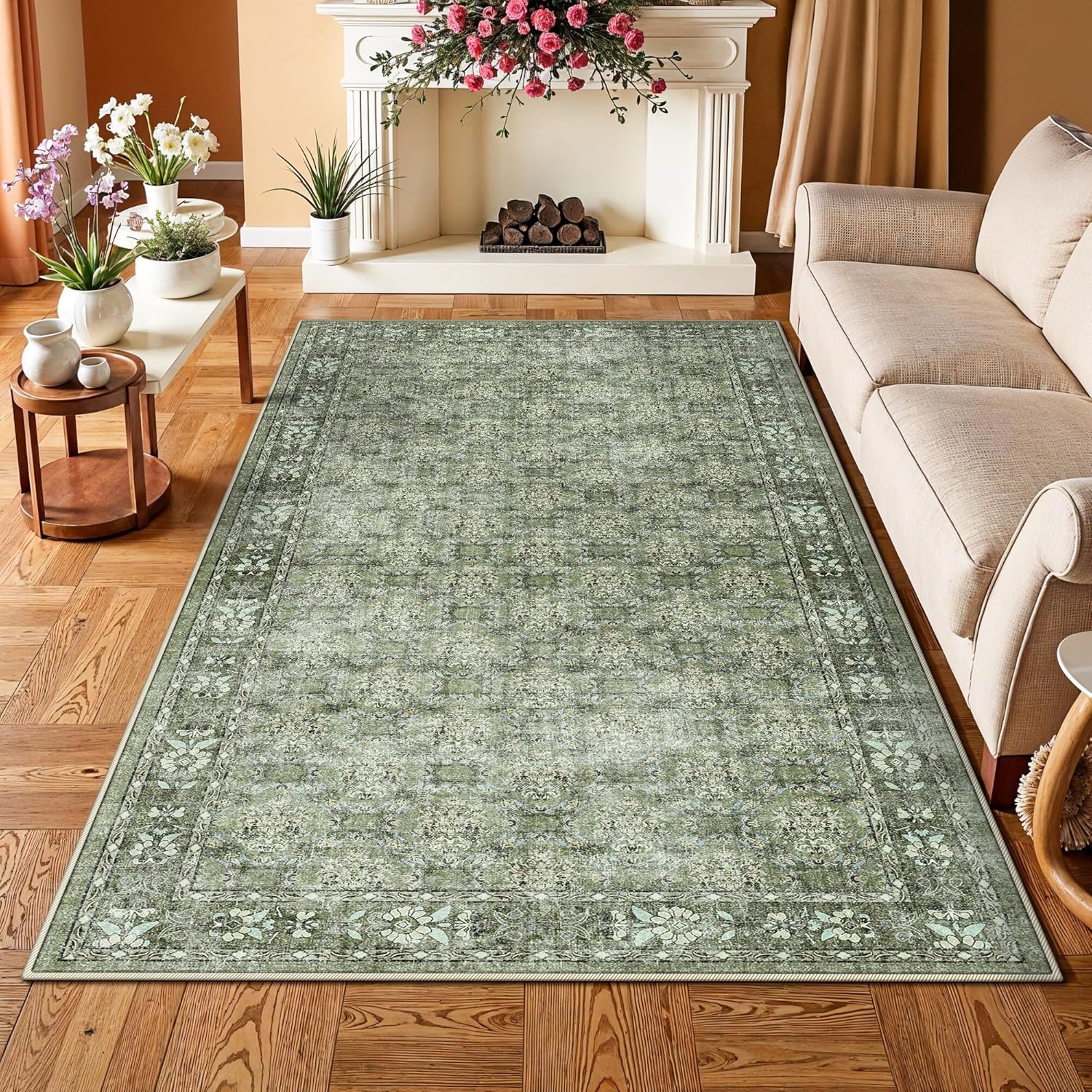 Washable 4x8 Hallway Runner Rug: Vintage Soft Carpet for Living Room Entryway Non-Slip Water Resistant Thin Kitchen Floor Mat Wide Ultra Soft Area Rug for Bedroom Bathroom Dining Room(Green,4x8) - Image 4