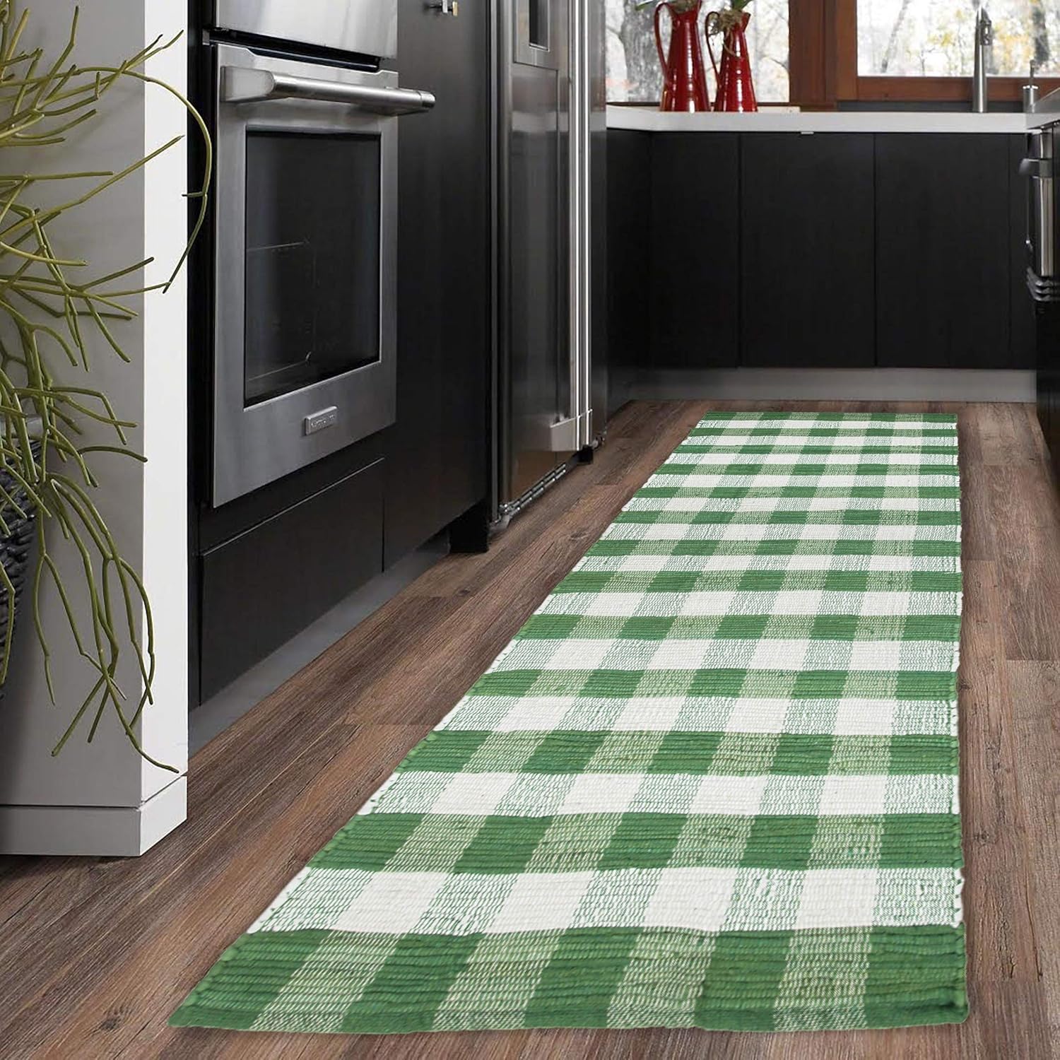 GLAMBURG Cotton Reversible Area Runner Rug 2' x 6' for Bedroom Living Room Kitchen Hallways Front Porch Laundry Room, Handwoven Farmhouse Floor Mat, Washable Checkered Plaid Runner Rug Green White