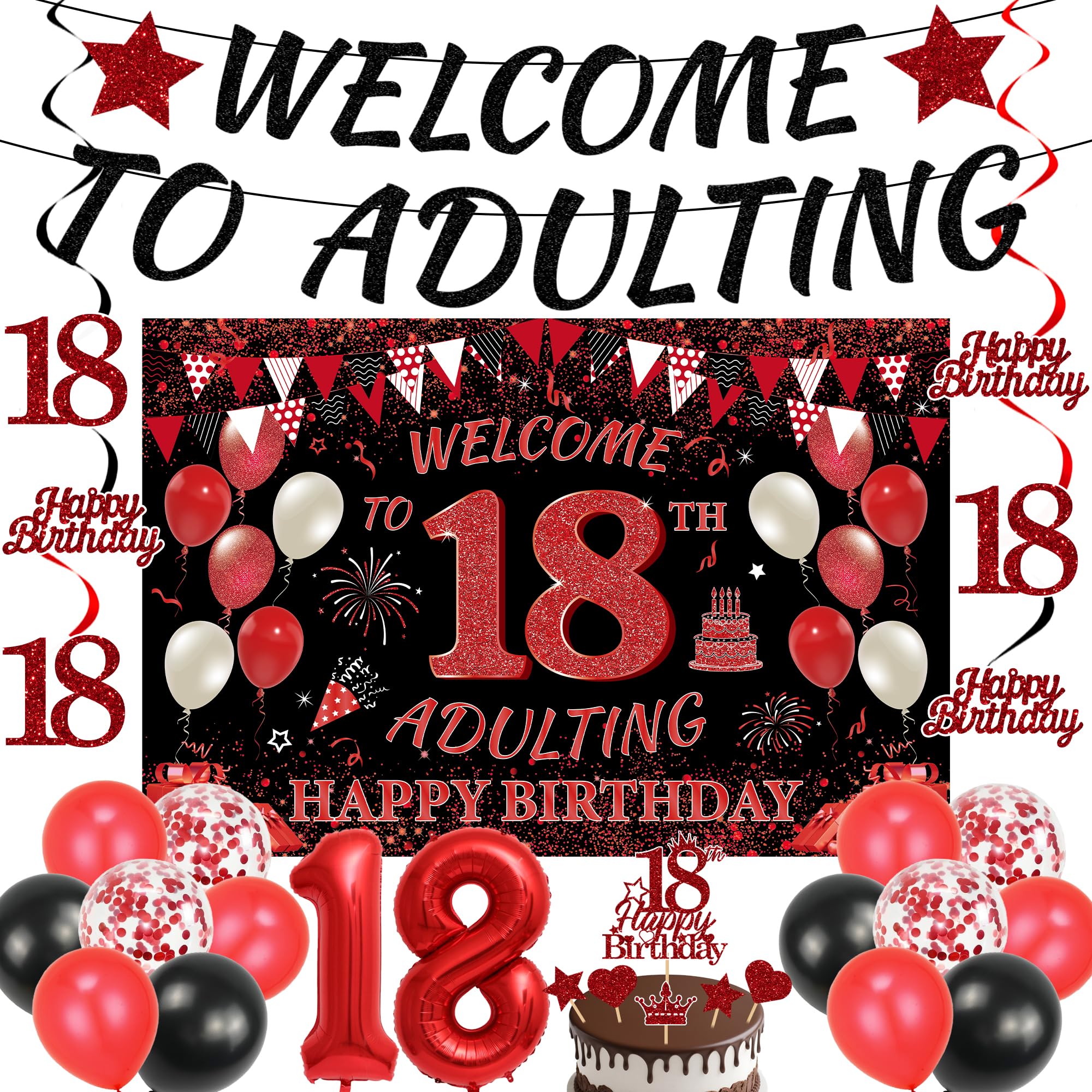 18th Birthday Decorations Banner Balloons - 31 Pc Red Black Welcome To Adulting Banners Cake Topper Hanging Swirls Number 18 Balloon for Boys Girls Happy Eighteen Birthday Party Supplies