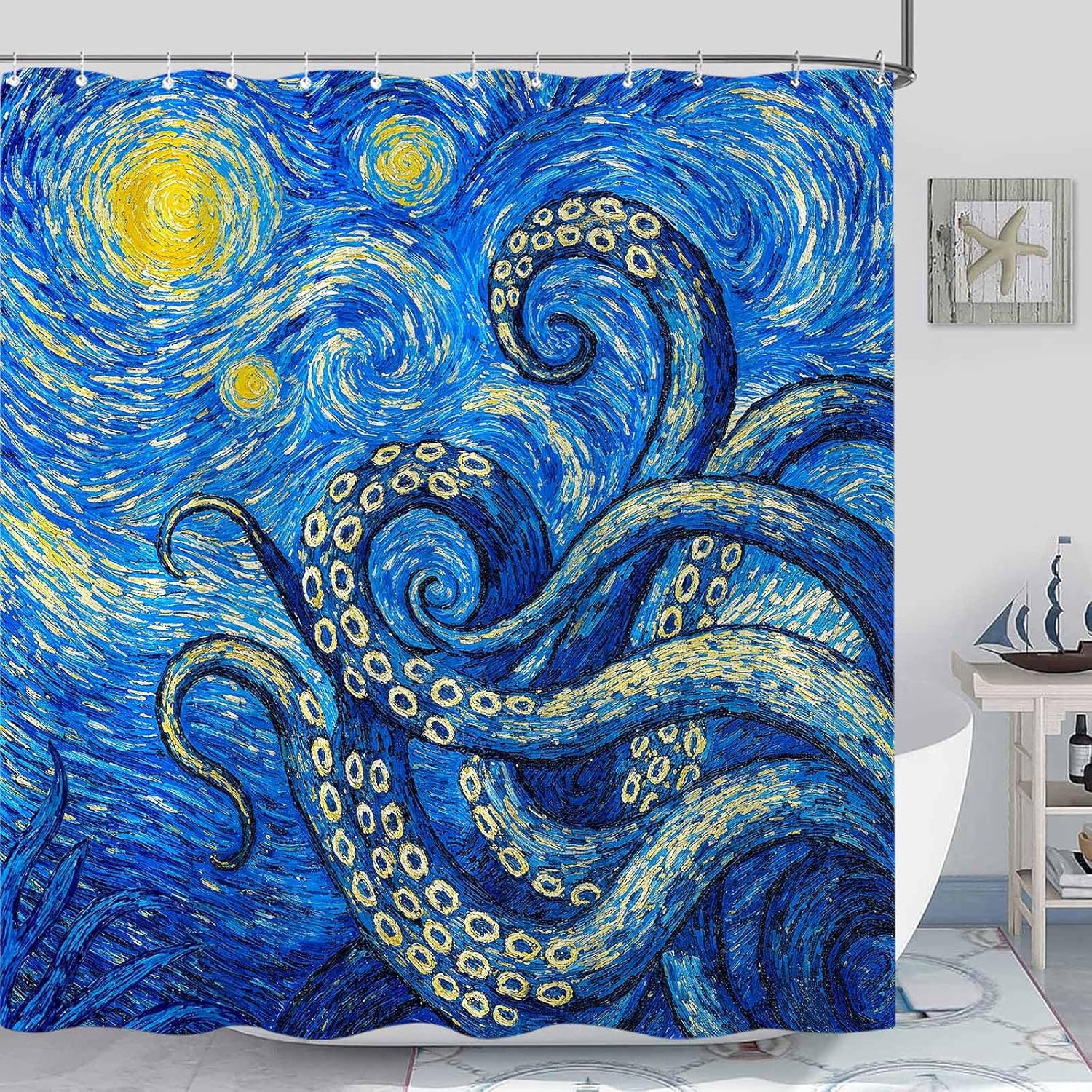 Yeoiat Artistic Octopus Shower Curtain Set Starry Ocean Print Waterproof Bathroom Shower Curtain Mysterious Marine Life Art Home Decor 72x72 Inch