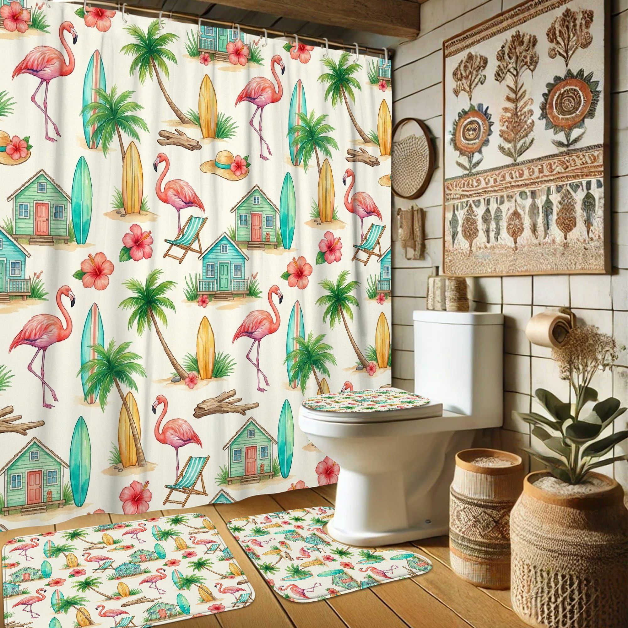 Rideau de douche oiseaux tropicaux et tapis de bain lavable pour decoration de salle de bain bord de mer