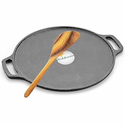 FLIXBLOOM Ethnic Black Heavy Duty Pre-Seasoned Cast Iron Dosa Tawa, 12 Inches (30 cm), Black, 100% Toxin-Free, Naturally Non-Stick, Long Lasting, Gas & Induction Stove-Friendly with Wooden Spatula