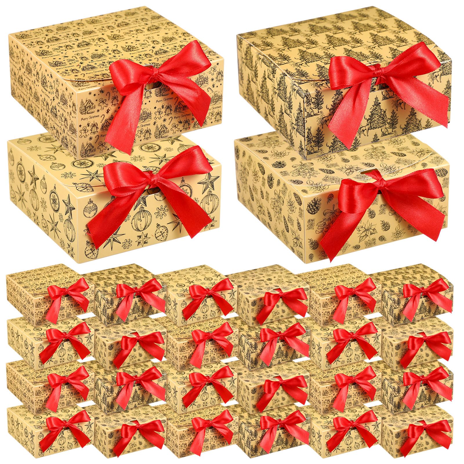 AmazingSpark 24 Pcs Christmas Gift Boxes with Lids Red Ribbon Vintage Kraft Paper Box Holiday Design Retro Cozy Brown Packaging for Xmas Present