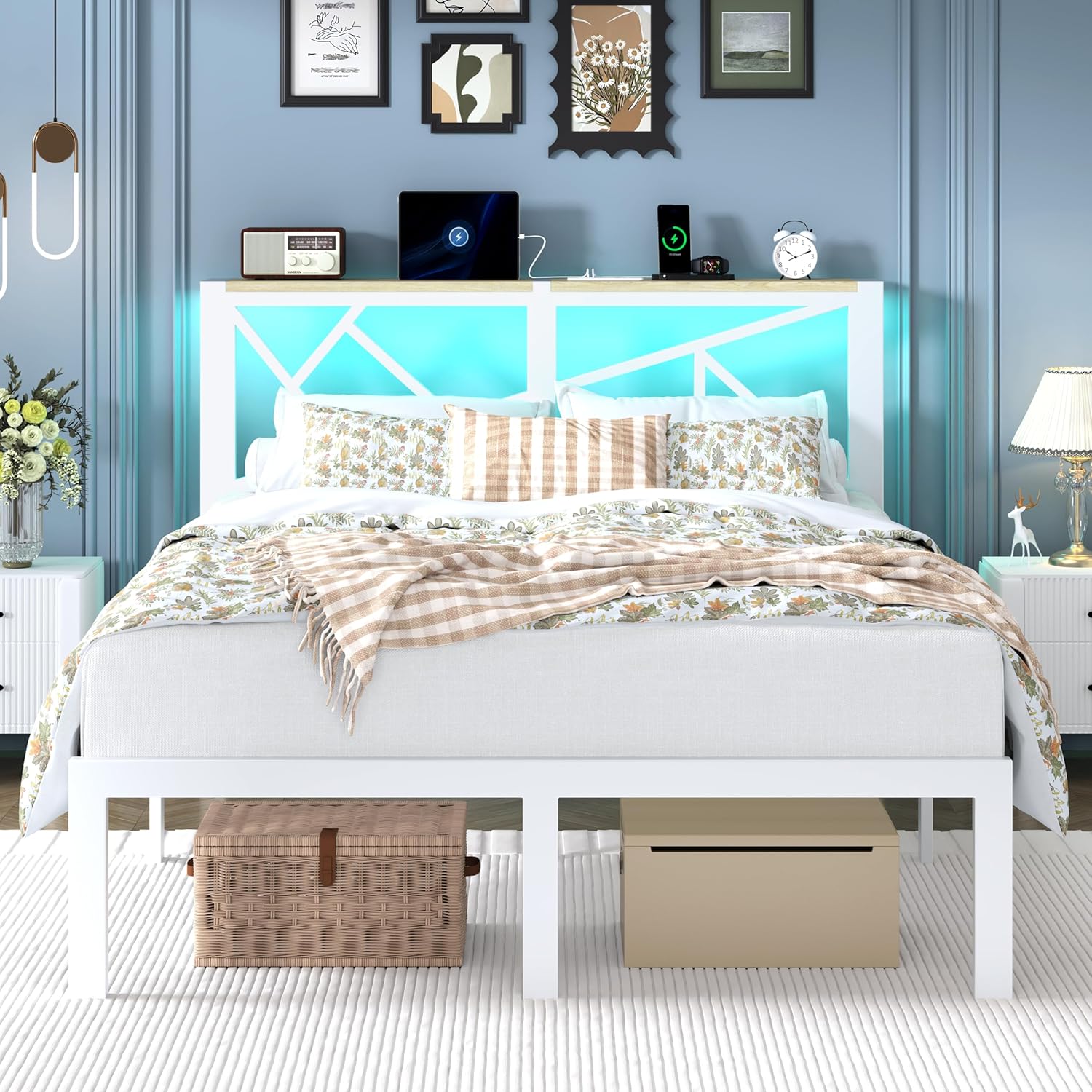 Full Size Metal Bed Frame with LED Lights, Storage Headboard with Charging Station, Modern Full Platform Bed with Heavy Duty Supports, No Box Spring Needed, Noise Free, Easy Assembly, White