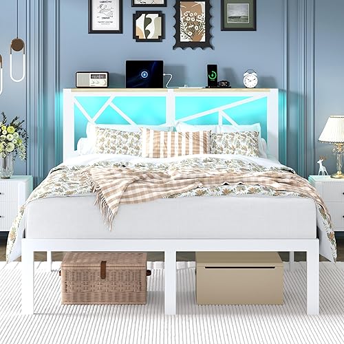 Miniatura 9 de Marco de cama de metal tamaño individual con luces LED, cabecera con almacenamiento y estación de carga, moderna cama de plataforma individual con