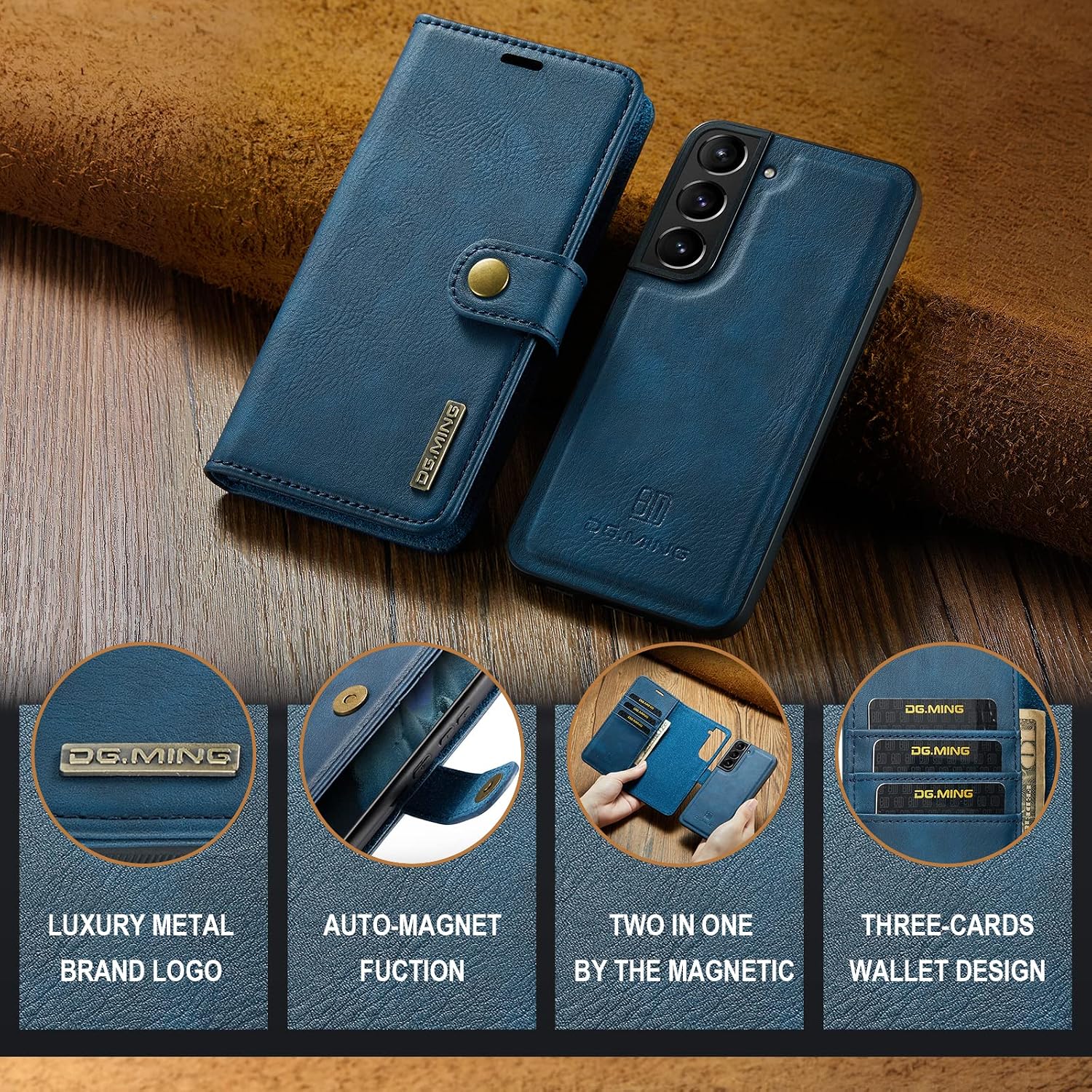 Detachable 2 in 1 Split Magnetic Flip Folio Wallet Case Compatible with Samsung Galaxy S22 Genuine Leather Phone Case with 3 Card Holder Slots Kickstand Shockproof Cover(Blue)