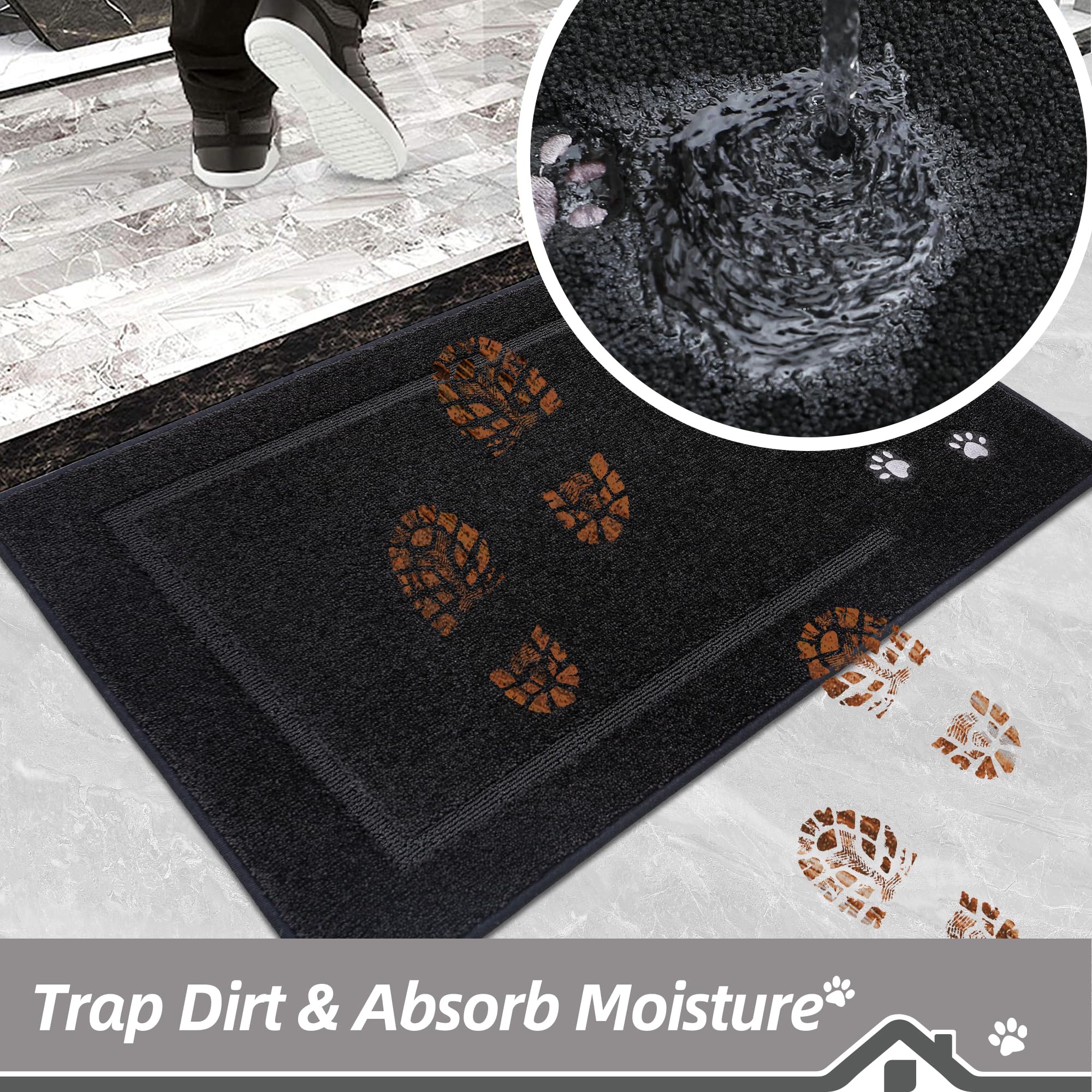 BEQHAUSE Dog Door Mat for Muddy Paws 50x80cm Dirt Trapper Absorbent Doormat Non Slip Entryway Rugs Washable Stain Resistant Welcome Floor Mat Soft Low-Profile for Front Back Door Black - Image 3