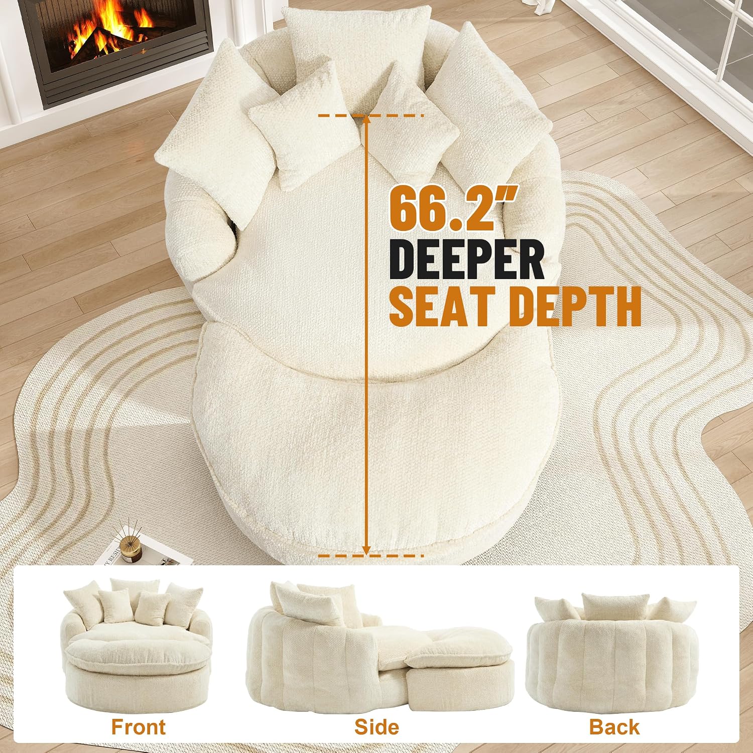 75” Round Chaise Lounge Chair with Half Moon Ottoman Indoor, Modern Upholstered Boneless Couch with 5 Throw Pillows and Deep Seat, Circle Cloud Sofa for Living Room, No Assembly Required, Beige