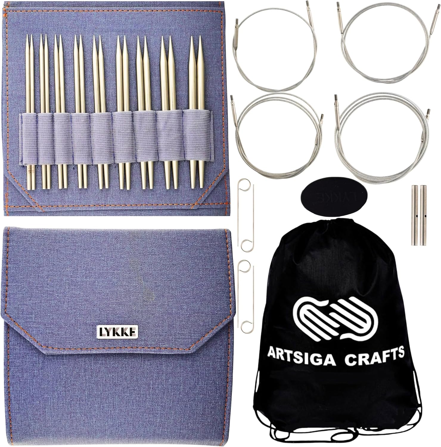 Lykke Flight 5 in. Standard Set US Sizes 3, 4, 5, 6, 7, 8, 9, 10, 10.5 Interchangeable Circ. Knitting Needles for Sport, DK, Worsted Yarn, Stainless Steel, 4 Swivel Cords, Denim Case, Project Bag