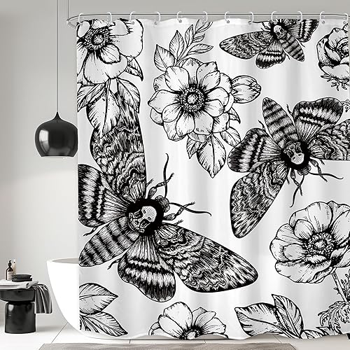 LGhtyro Juego de cortina de ducha de polilla de calavera negra y blanca de 60 pulgadas de ancho x 71 pulgadas de alto, diseño vintage gótico de