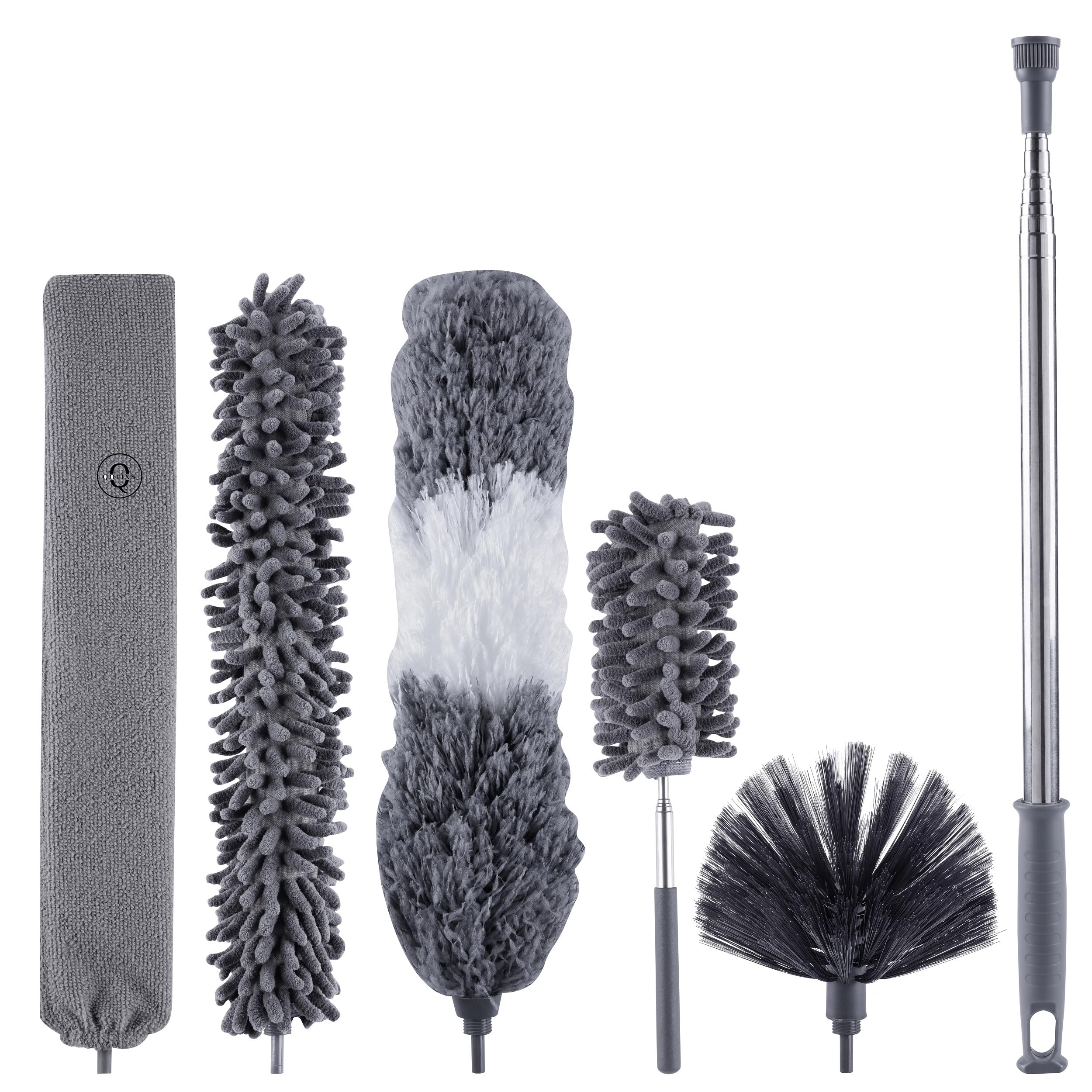 5PCS Microfiber Duster with Extension Pole, Qolixs Feather Duster Kit for House Cleaning, Bendable Cobweb Duster with Extension Pole 30-100 inches for Cleaning from Floor to Ceilings