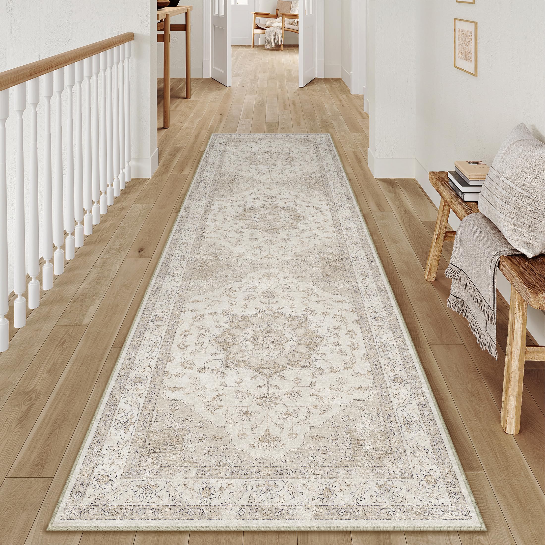 PureCozy Vintage Washable Beige Hallway Runner Rug 60x240cm Hall Runner Long Area Rugs Non Slip Soft Carpet Kitchen Bedroom Bedside Dining Room Office Indoor Low Pile Carpets