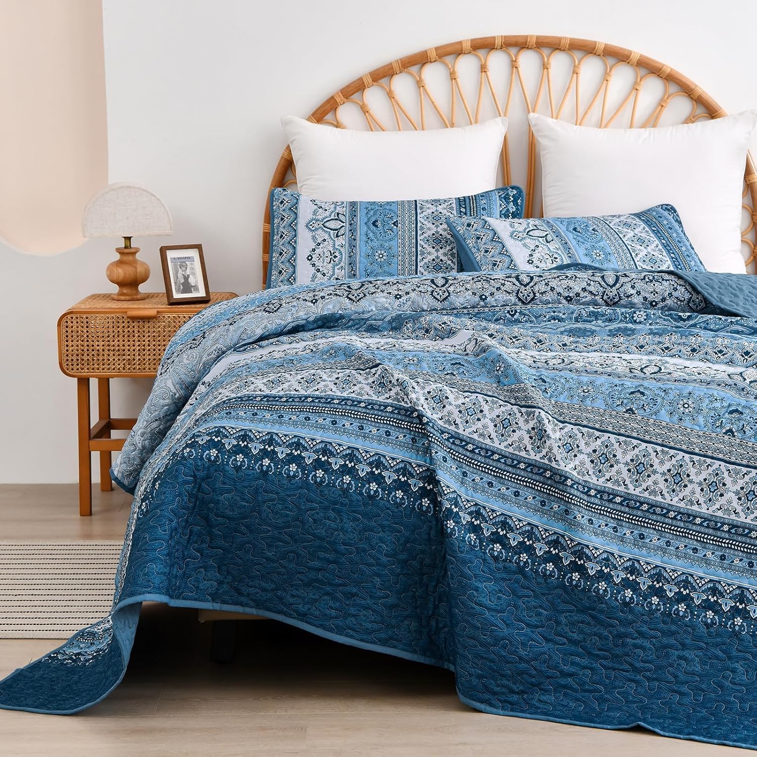 WONGS BEDDING Blue Quilt Set Twin Size, Boho Stripe Printed Bedspread Set with Pillow Shams, Bohemian Lightweight Microfiber All Season Bedding Coverlet Set(2 Pieces, Twin Size) - Image 5