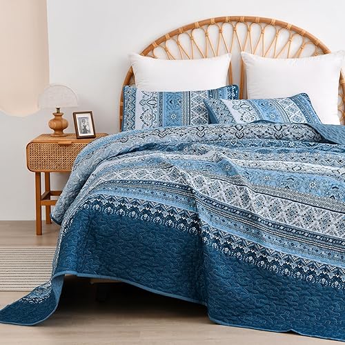 Vista 132 de WONGS BEDDING Juego de edredón bohemio tamaño Queen Aqua, juego de colcha de 3 piezas a rayas, de microfibra ligera y suave bohemia para todas