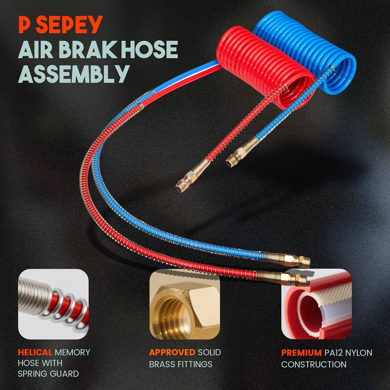 15FT Coiled Air Brake Hoses Longtail Assembly for Semi Truck Tractor Trailer, Blue Service and Red Emergency Air Brake Lines, 1/2" NPT Fittings（15' Length x 40" Tractor Lead）