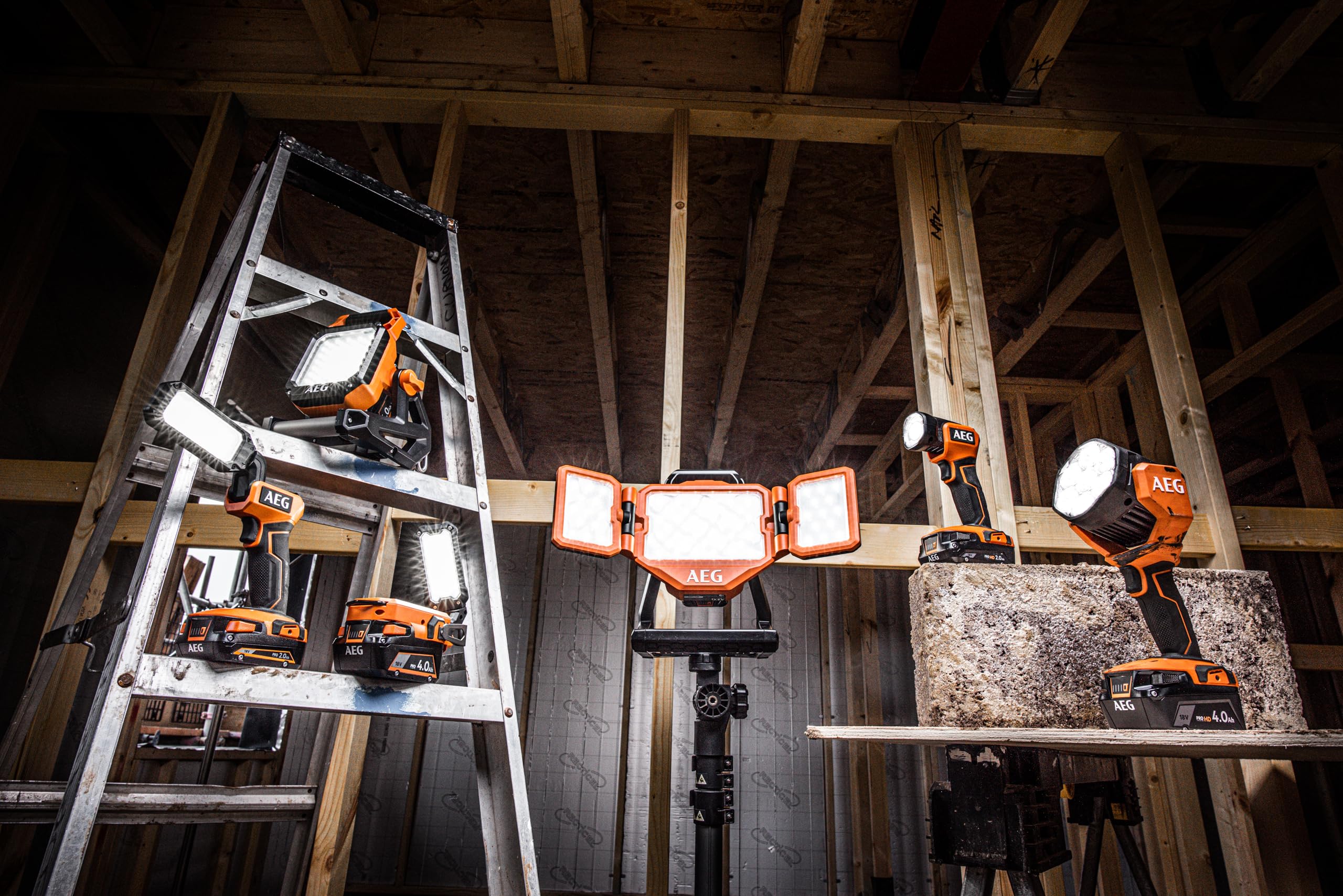 AEG BTL18C2-0 Torcia LED 18V ad Elevata Luminosità, con 7 Luci LED, con 3 Differenti Impostazioni di Luminosità, Fino a 3200 Lumen di Luminosità, con Testa Ruotabile e Attacco 1/4"