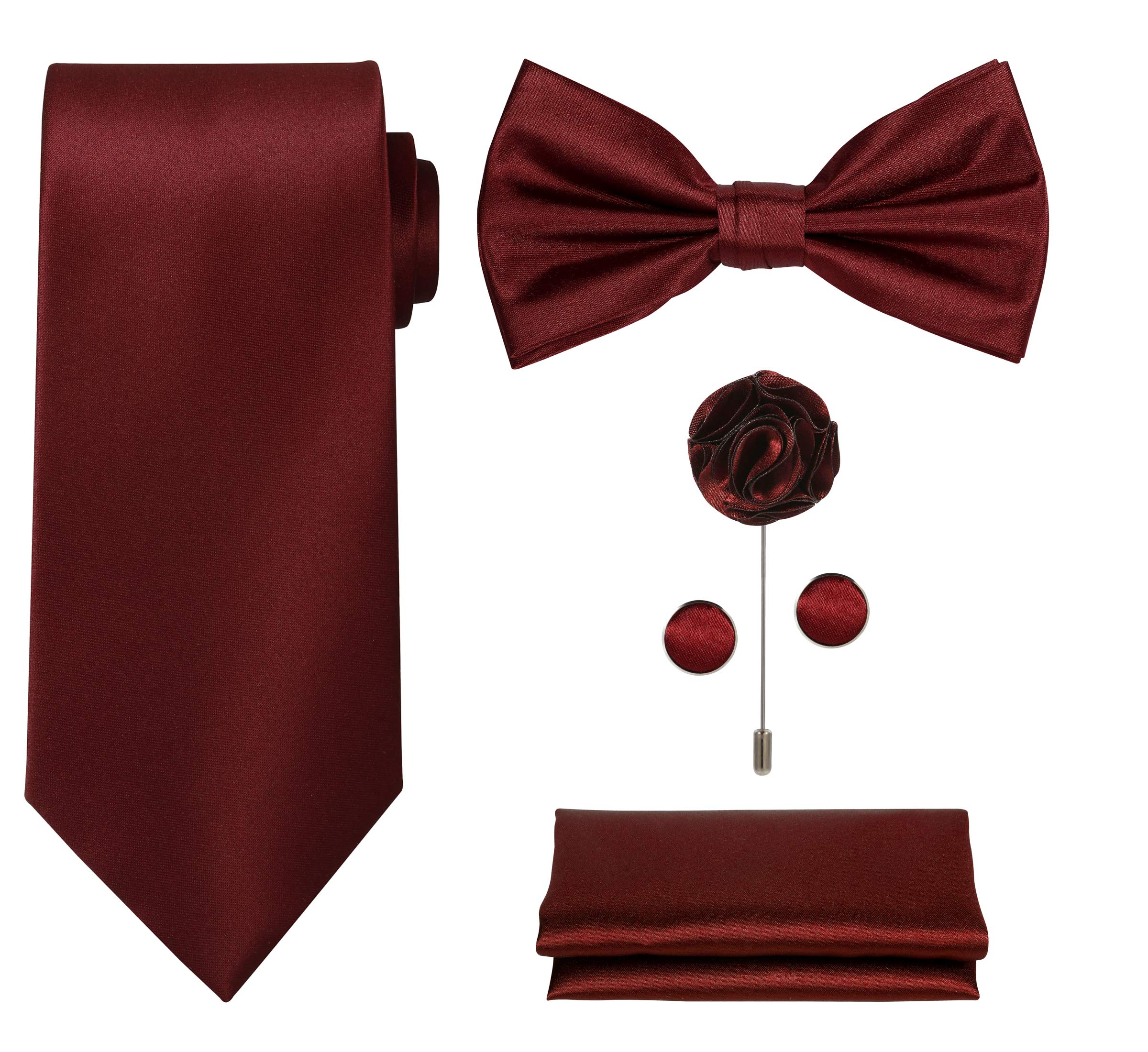 Tie G U StyleTIE G 5pcs Tie Set in Gift Box : Solid Color Necktie, Satin Bow Tie, Pocket Square, Lapel, Cuff Links