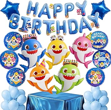 PartyWoo Baby Shark Family Foil Balloons 37pcs Baby Shark Family Blue Round Star Mylar Happy Birthday Letter Balloons for Boys and Girls Under the Sea Kids Birthday Party Decorations