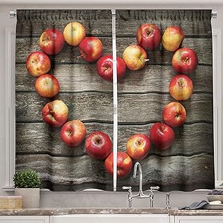 Ambesonne Rustic Kitchen Curtains, Rustic Wooden Surface Fresh Ripe Apples Veggies Fruit Healthy Living Theme, Window Drap...