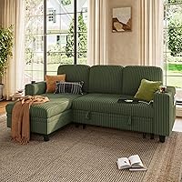 LINSY HOME Green L-Shaped Pull-Out Sleeper Sofa Bed with Storage, USB Charging & Plush Corduroy for Apartments