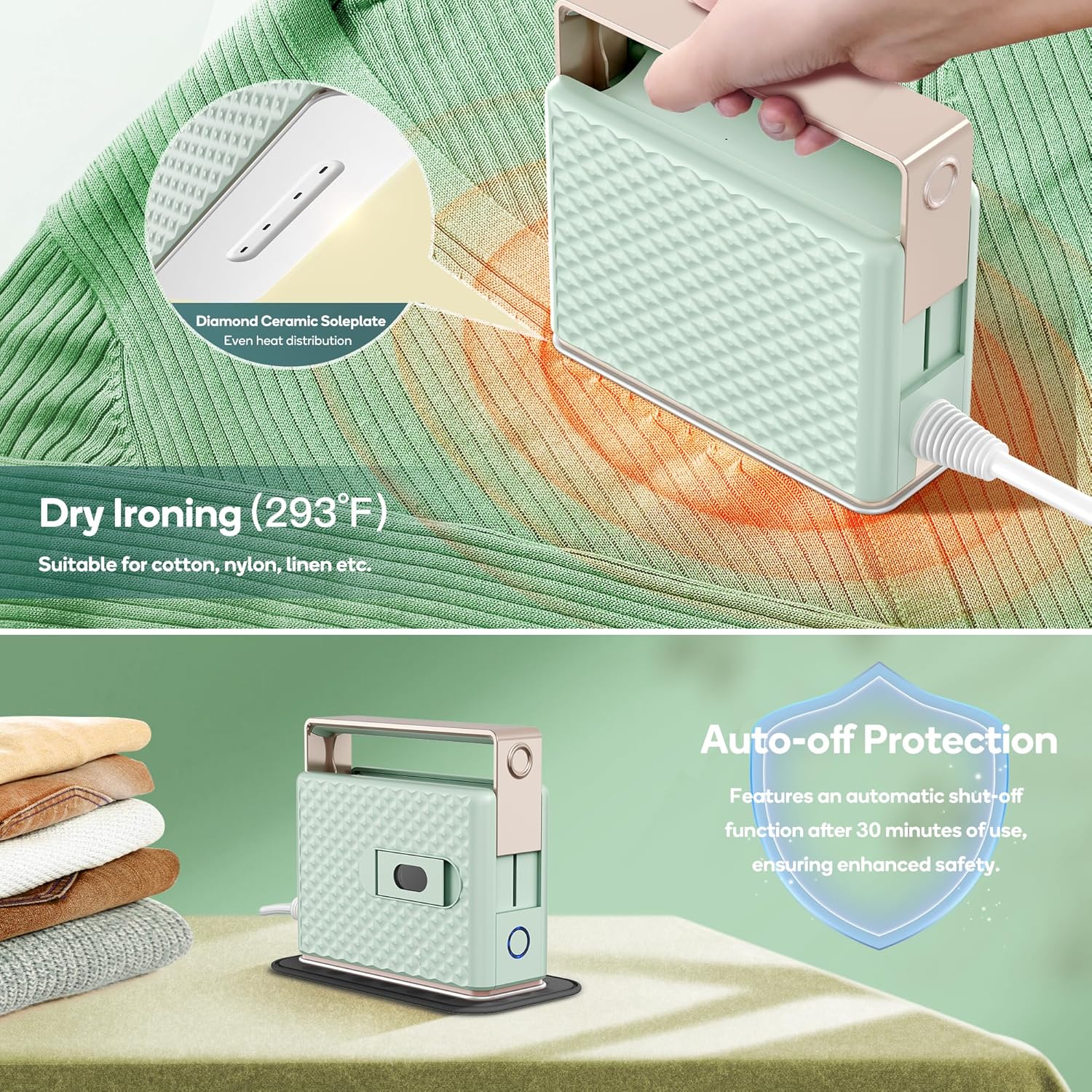 Newbealer Travel Steam Iron for Clothes, Global Voltage 100-240V Handheld Steamer, 293℉ Dry Iron, Non-Stick Ceramic Soleplate, Horizontal & Vertical Steaming, Auto-off, Silicone Mat &Carry Bag (Green)
