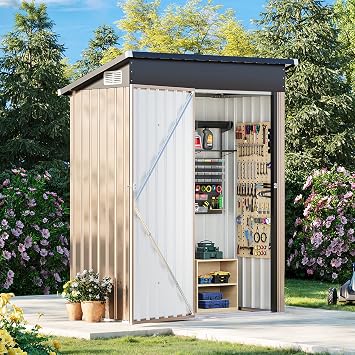 MXV 5x3 FT Outdoor Metal Storage Shed, Lockable Galvanized Steel Tool House with Sloped Roof, Waterproof Shed for Backyard, Garden, Patio, Brown
