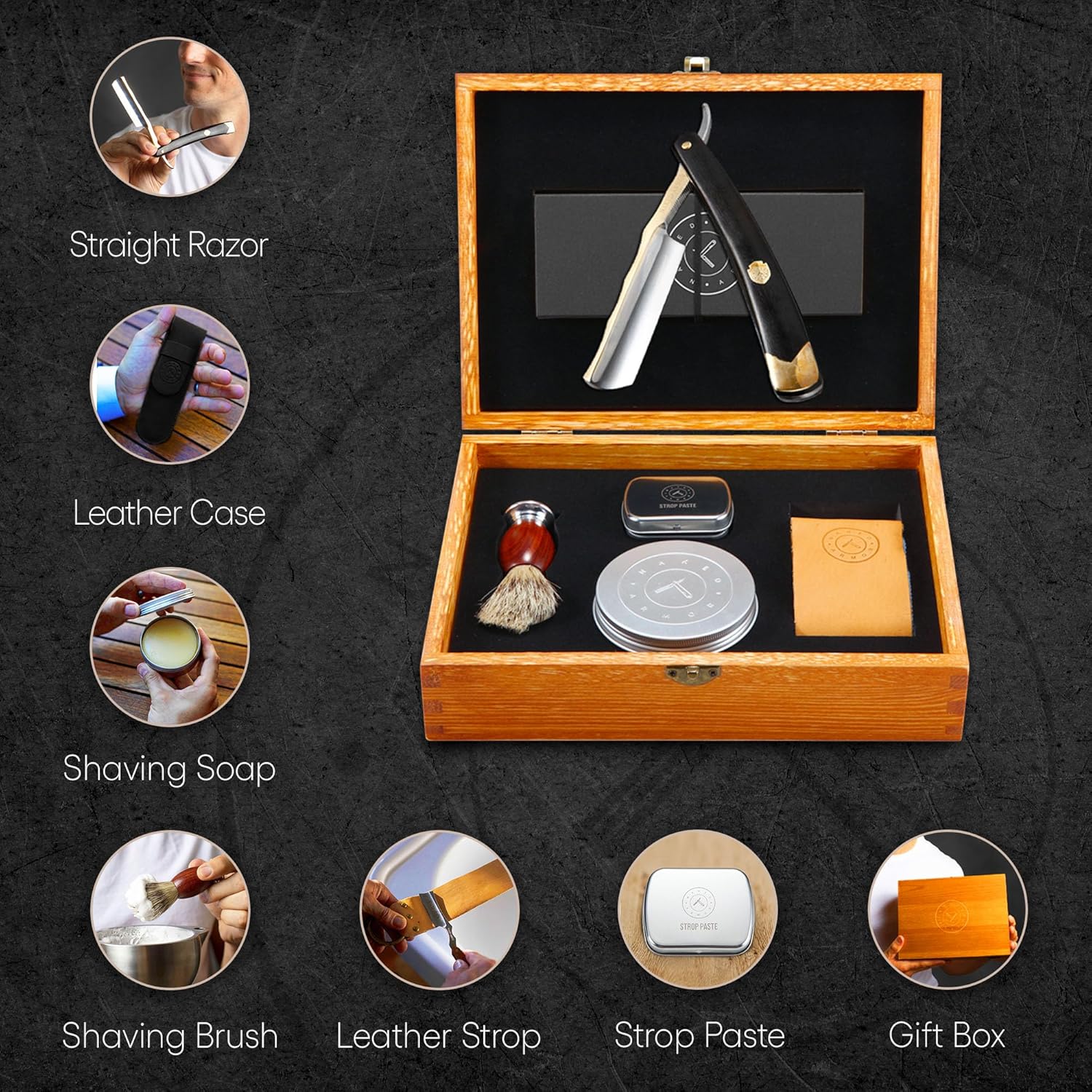 Complete Straight Razor Kit - Straight Razor Shaving Kit for Men with Gold Japanese Stainless Steel Blade, Leather Strop, Shave Soap, Shaving Brush, Strop Paste, Leather Case, Gift Box
