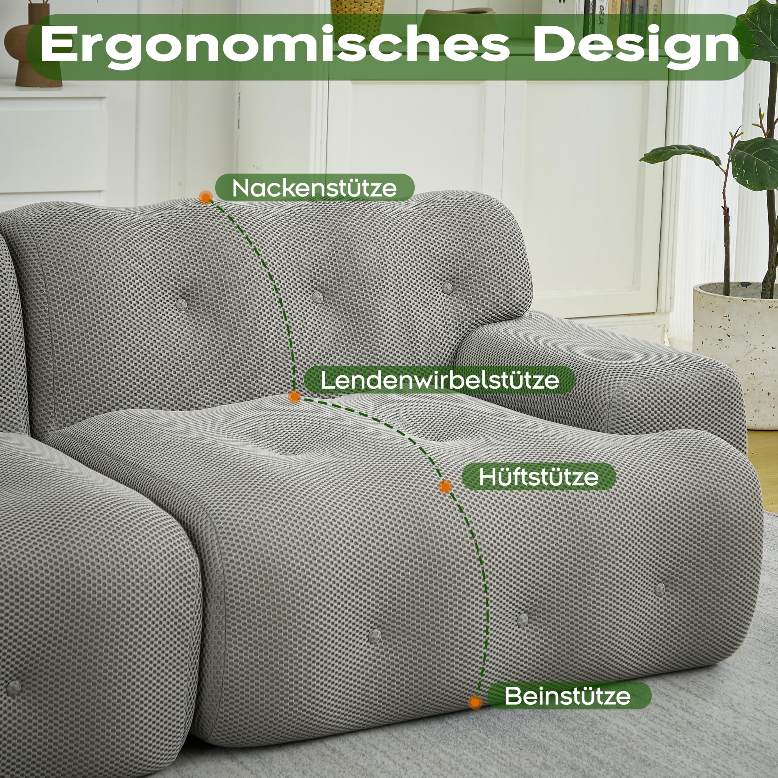 Cloud Sofa 2-osobowa, bardzo duża – modułowa sofa bez boneless z ornamentem na guziki, szerokie podłokietniki, łukowata, bez montażu, dzianina 3D, do salonu, szara