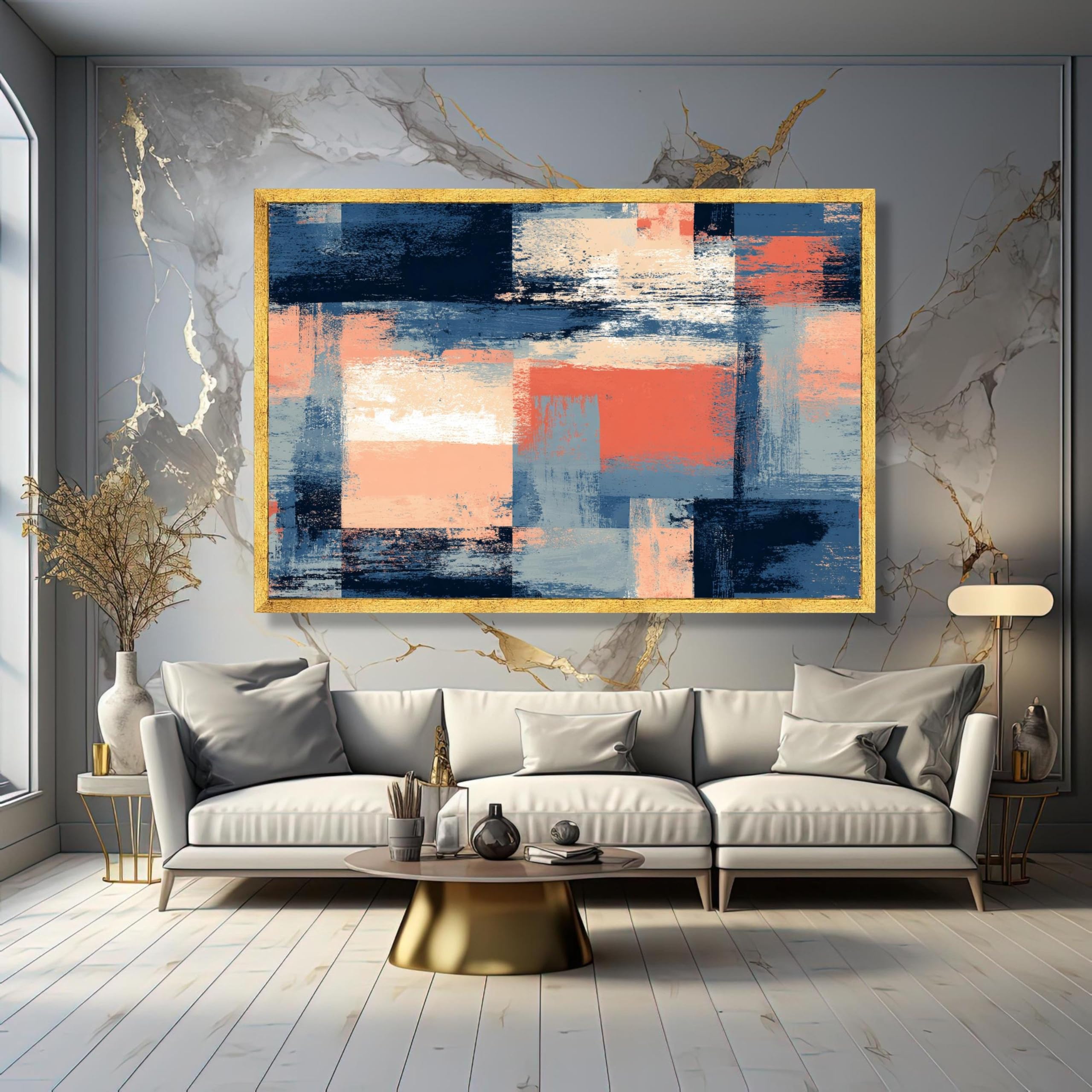 XINBAO Abstrakcyjny obraz na płótnie w bloku kolorów, geometryczny wzór, malarstwo pędzlem do nowoczesnej dekoracji mieszkania, gotowy do zawieszenia (60 x 80 cm/rama wewnętrzna)