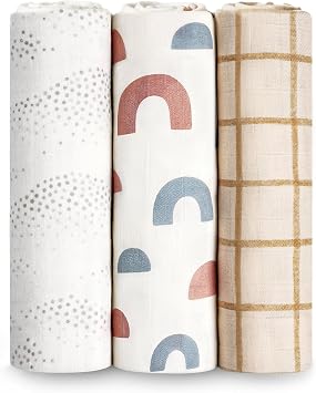 HECCEI 3-Pack Muslin Baby Swaddle Blanket Bamboo Cotton 47 x 47 Inches | Soft Breathable Receiving Blanket Swaddles for Newborn Registry Gift for Baby Showers