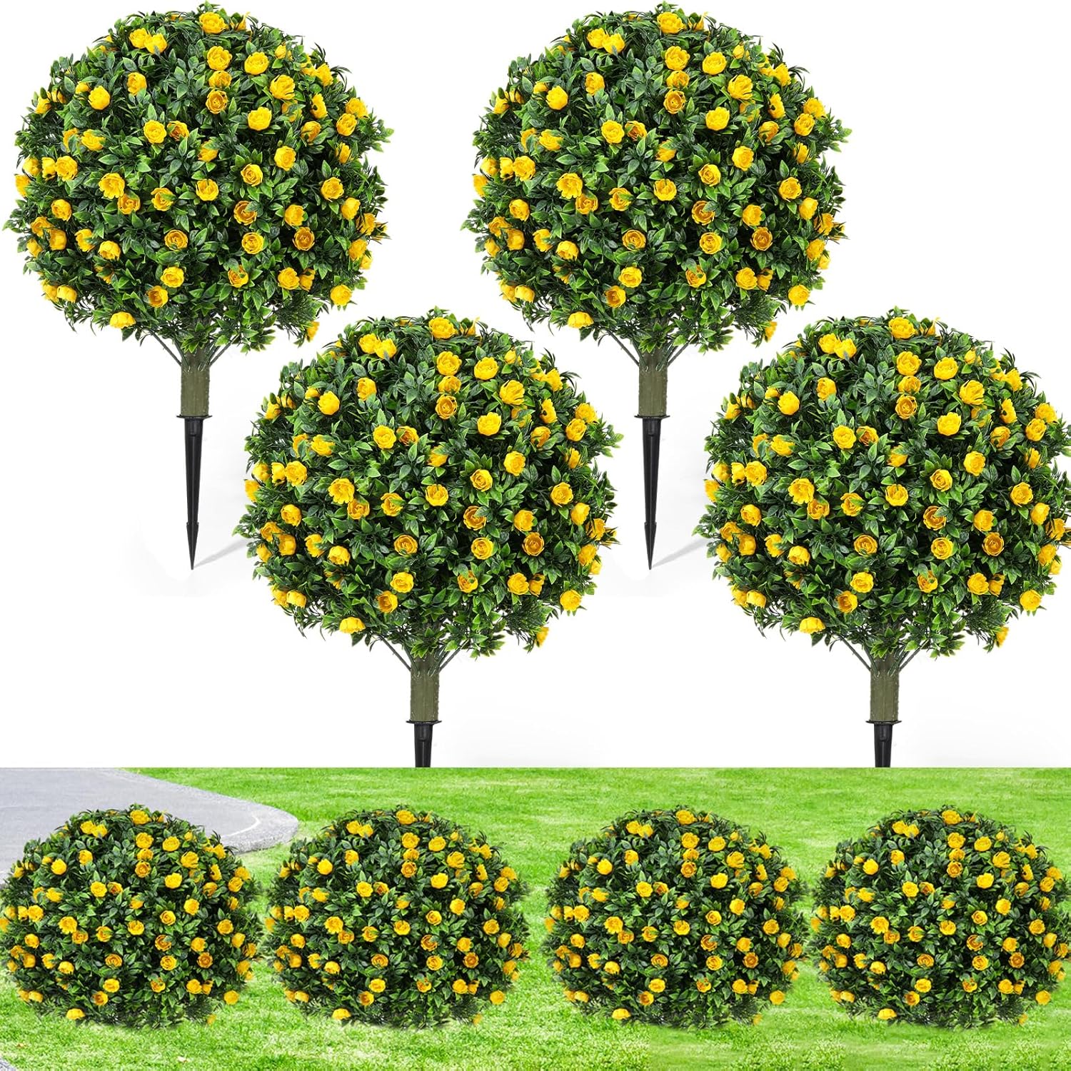 Artificial Topiary Ball Trees Outdoor Set of 4, 24 Inch Faux Flower Topiary Bushes Plants with Ground Spikes, UV Resistant Artificial Shrubs for Porch Patio Garden Decor (Lavender,Purple)