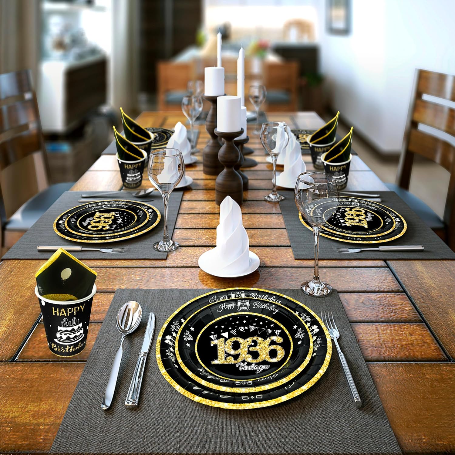 90th Birthday Decorations Black and Gold, Service for 30, Vintage 90th Birthday Party Supplies Includes Black Vintage 1936 Plates, Napkins, Cups Plates and Napkins for Men Women - Image 4