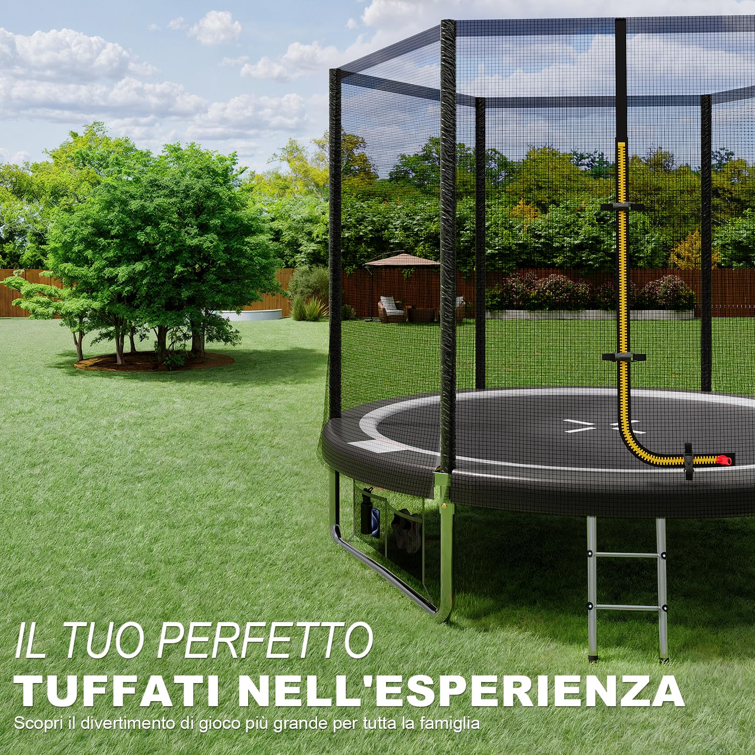 JUMMICO Trampolino Elastico per e Bambini Adulti 183/244/305/366/427 cmTrampolino Rotondo da Giardino Tappeto Elastico da Giardino di Diametro con Rete di Sicurezza, Scala e Barre Imbottite, Esterno
