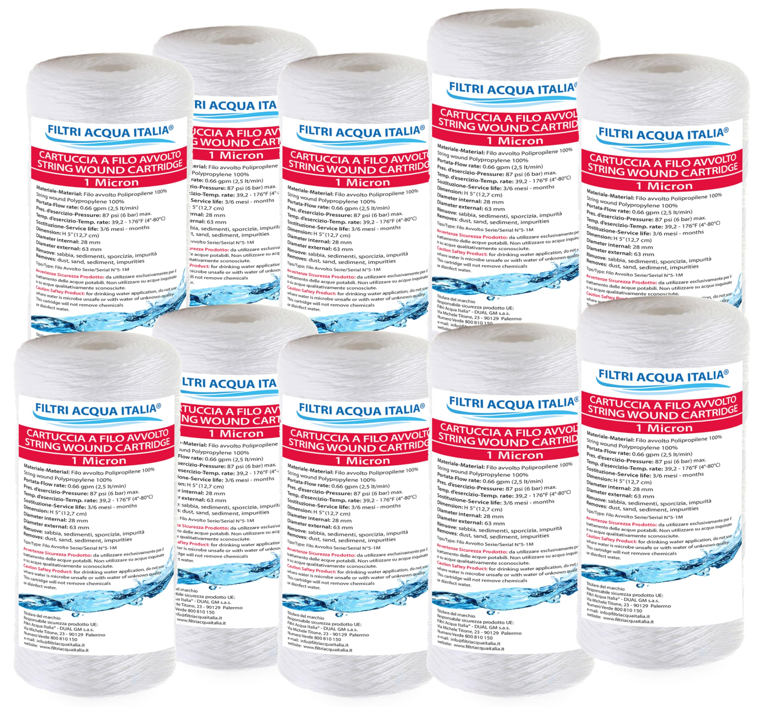 FILTRIACQUAITALIA Cartuccia Filtro in Filo Avvolto 5 Pollici Polipropilene Micron 1 Set 10 Pezzi