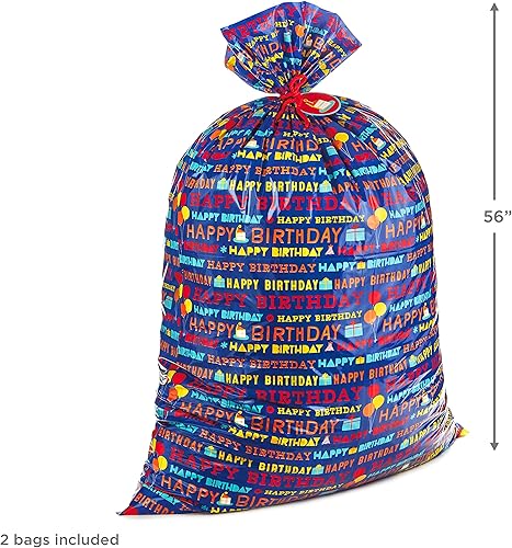Miniatura 4 de Hallmark Paquete de bolsa de regalo de plástico grande de 56 pulgadas (2 bolsas Blue Happy Birthday) para cumpleaños, fiestas infantiles y más