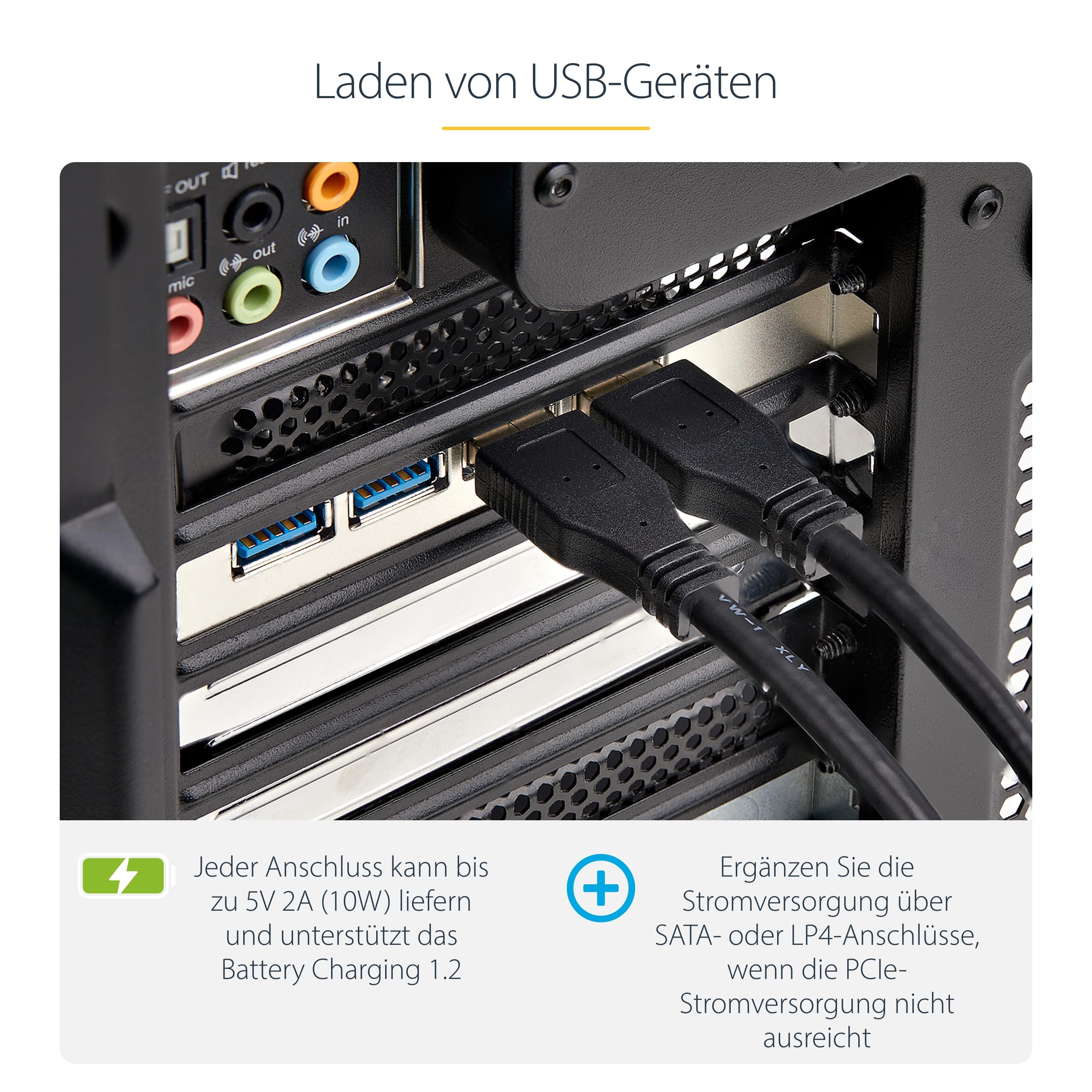 StarTech USB PCIe Karte 4 Ports, 5 Gbit/s, 4X USB-A (P5Q4A-USB-CARD) | USB 3.2, 4 unabhängige Controller, PCI Express 2.0 x4, Horizontale Anschlüsse, SATA/LP4 Strom